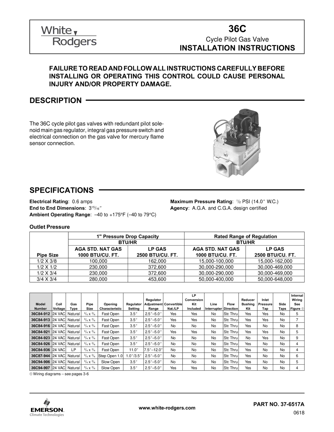 White Rodgers 36C installation instructions Installation Instructions, Description, Specifications, Outlet Pressure 