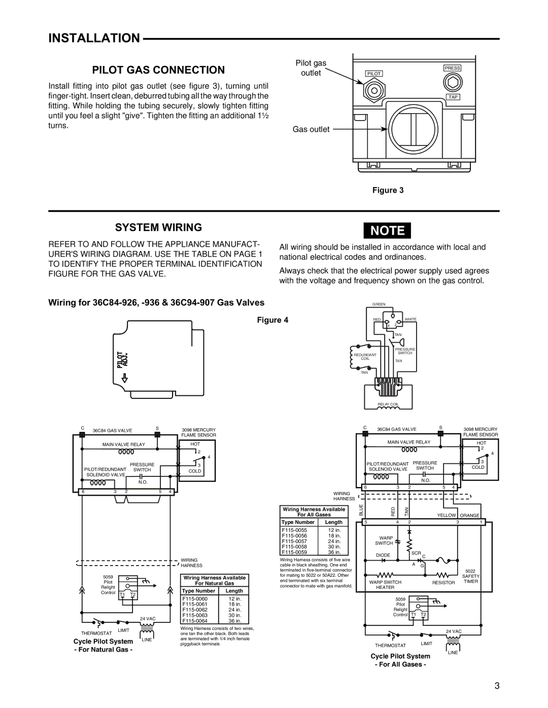 White Rodgers Pilot GAS Connection, System Wiring, Wiring for 36C84-926, -936 & 36C94-907 Gas Valves 