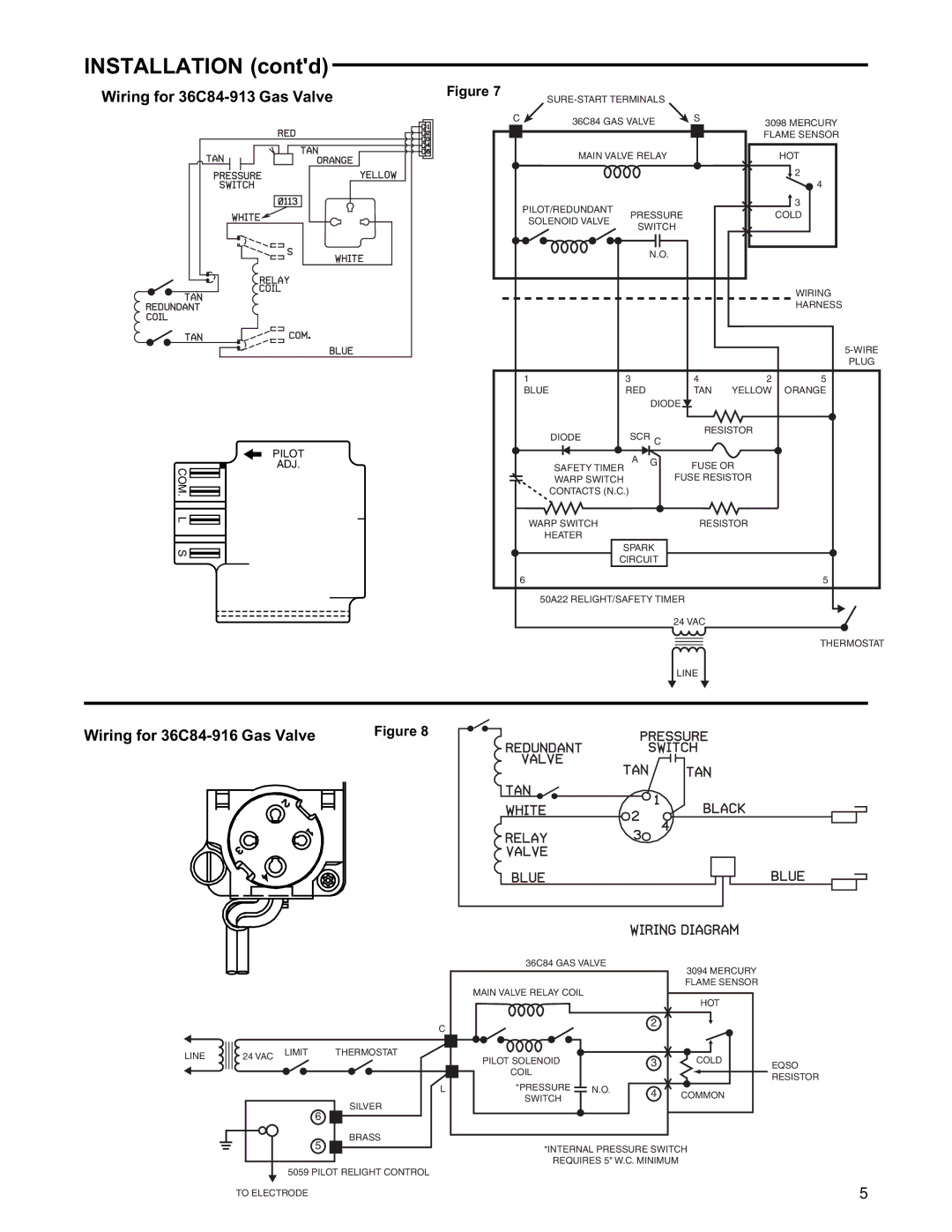 White Rodgers installation instructions Wiring for 36C84-913 Gas Valve, Wiring for 36C84-916 Gas Valve 