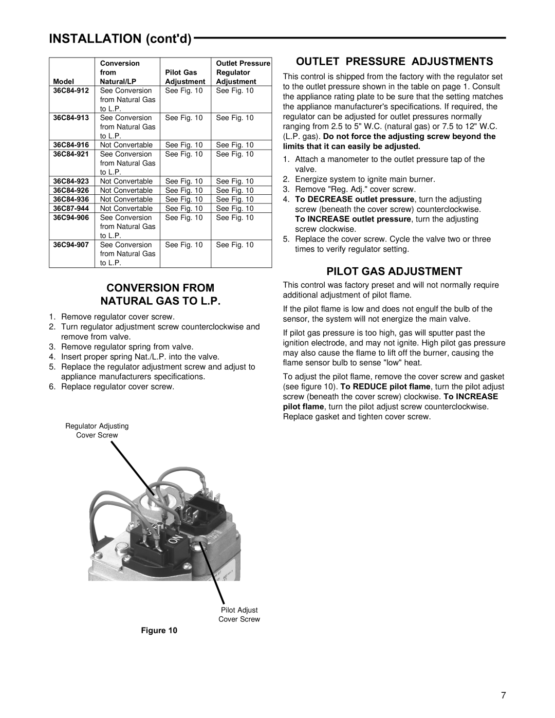 White Rodgers 36C Conversion from Natural GAS to L.P, Outlet Pressure Adjustments, Pilot GAS Adjustment 