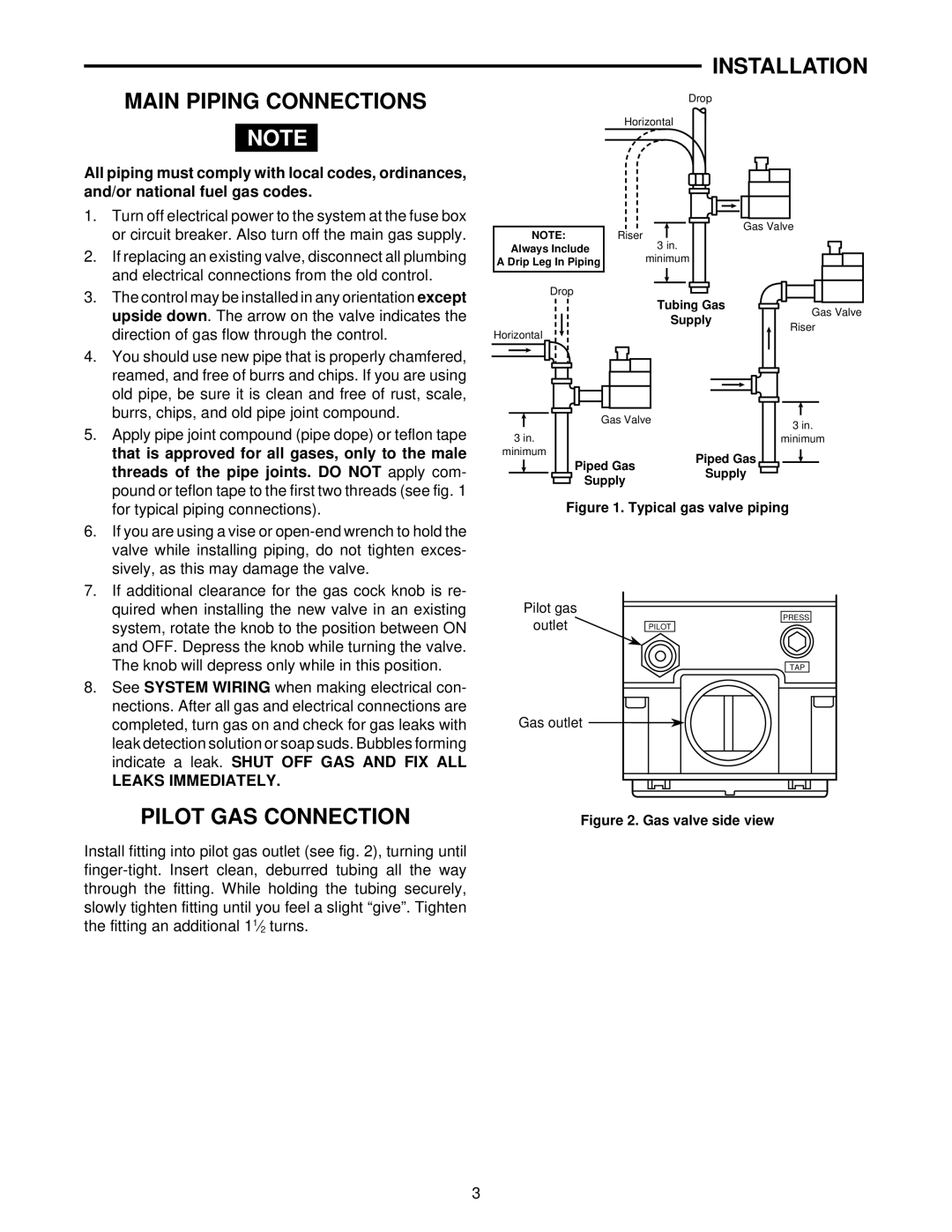 White Rodgers 36C01 installation instructions Main Piping Connections, Pilot GAS Connection, Installation 