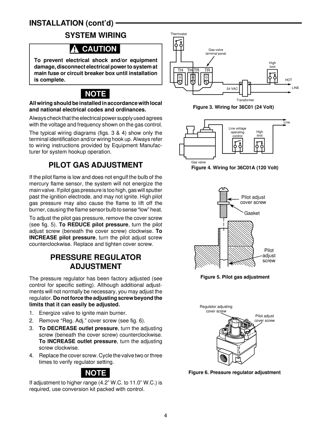 White Rodgers 36C01 installation instructions System Wiring, Pilot GAS Adjustment, Pressure Regulator Adjustment 