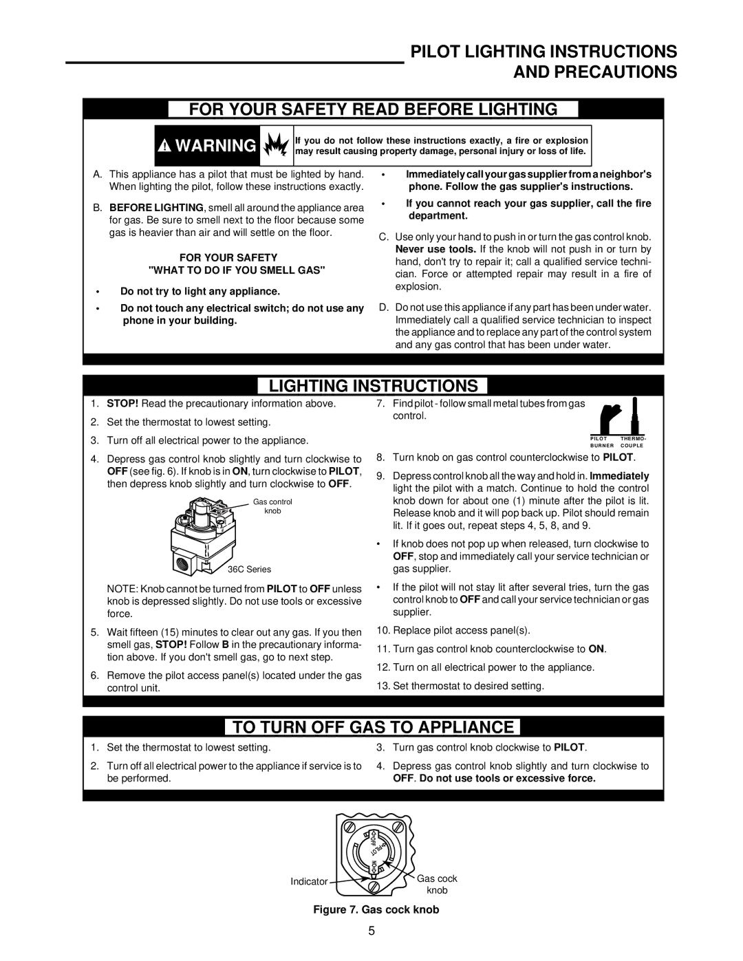 White Rodgers 36C01 installation instructions Pilot Lighting Instructions Precautions, For Your Safety Read Before Lighting 