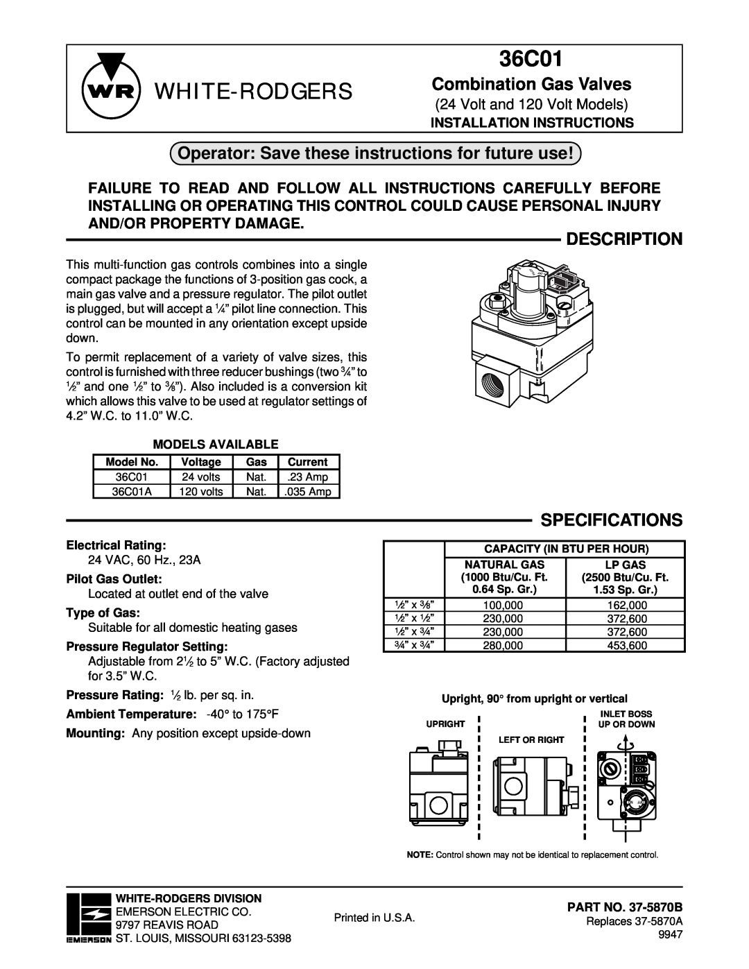 White Rodgers 36C01 installation instructions Operator Save these instructions for future use, Description, Specifications 