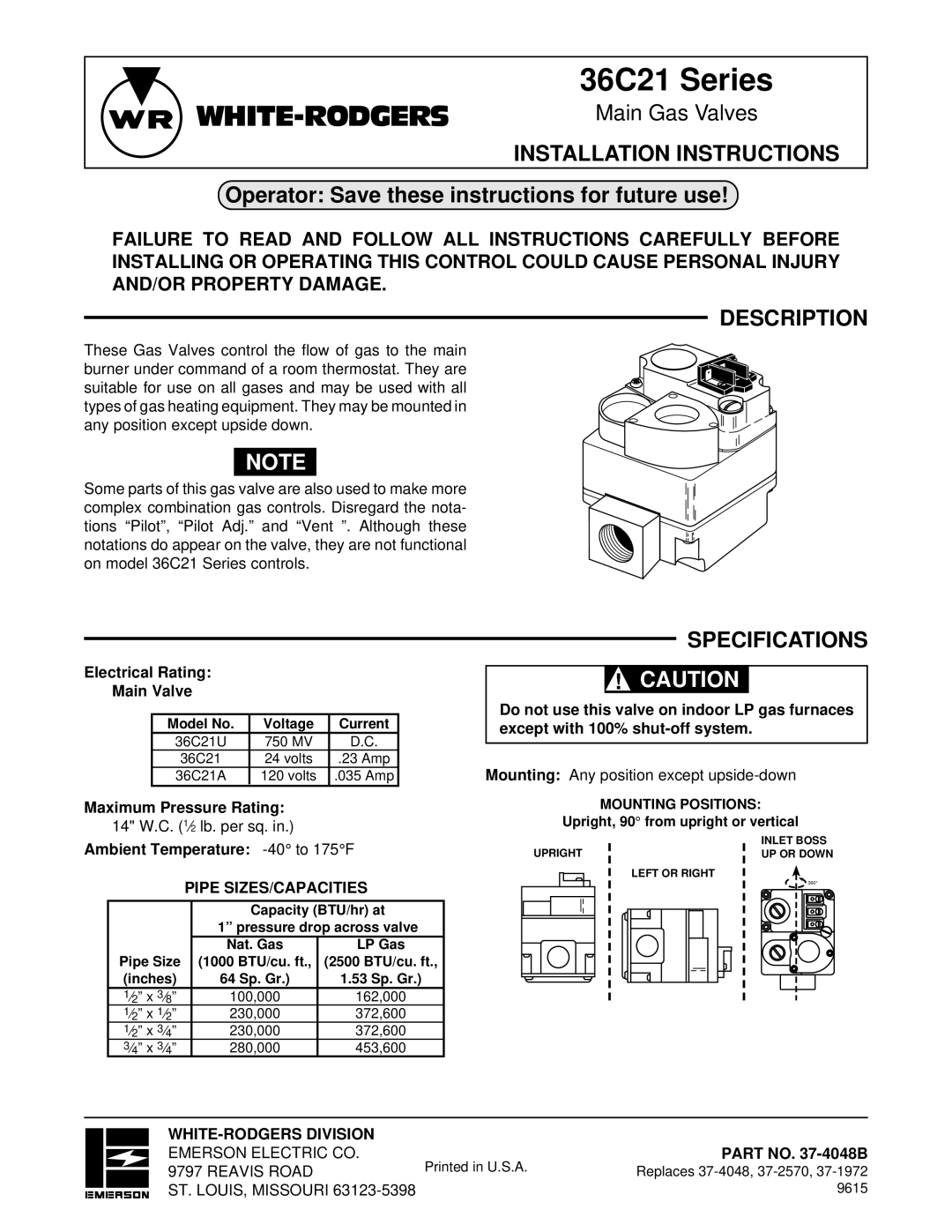 White Rodgers 36C21 specifications Installation Instructions, Description, Specifications 