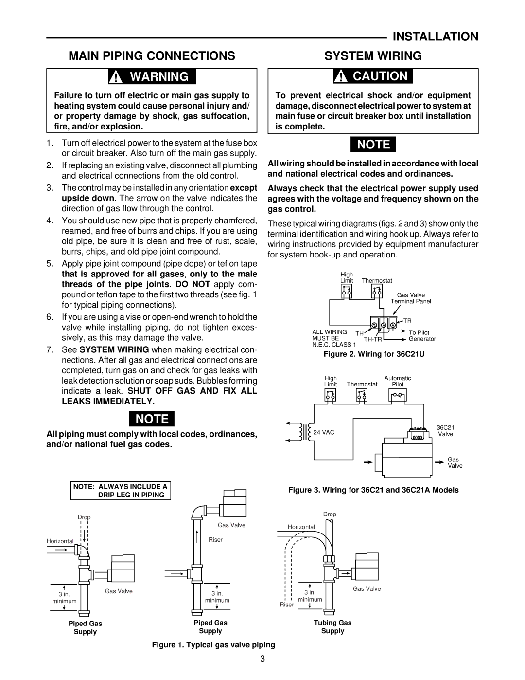 White Rodgers 36C21 specifications Main Piping Connections, Installation System Wiring 