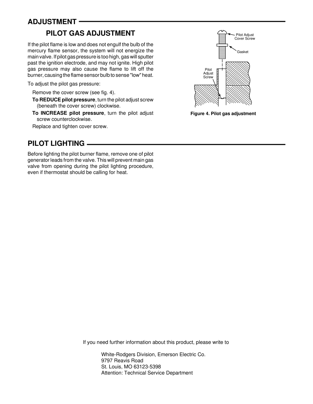 White Rodgers 36C21 specifications Adjustment Pilot GAS Adjustment, Pilot Lighting 