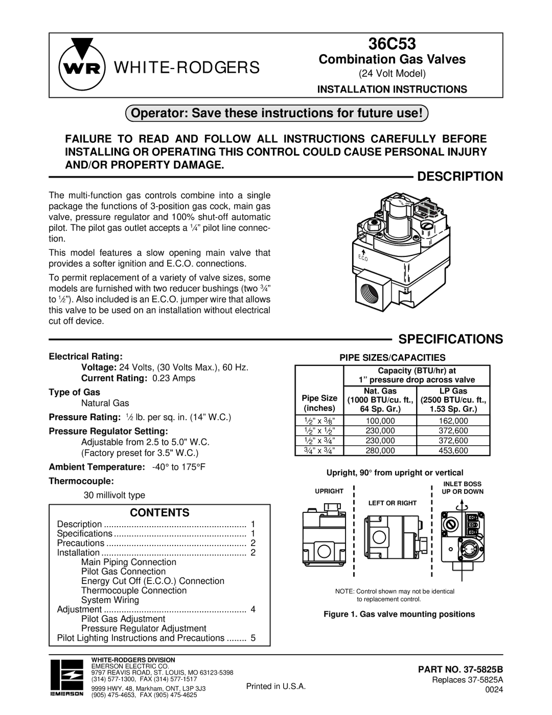 White Rodgers 36C53 installation instructions Description, Specifications 