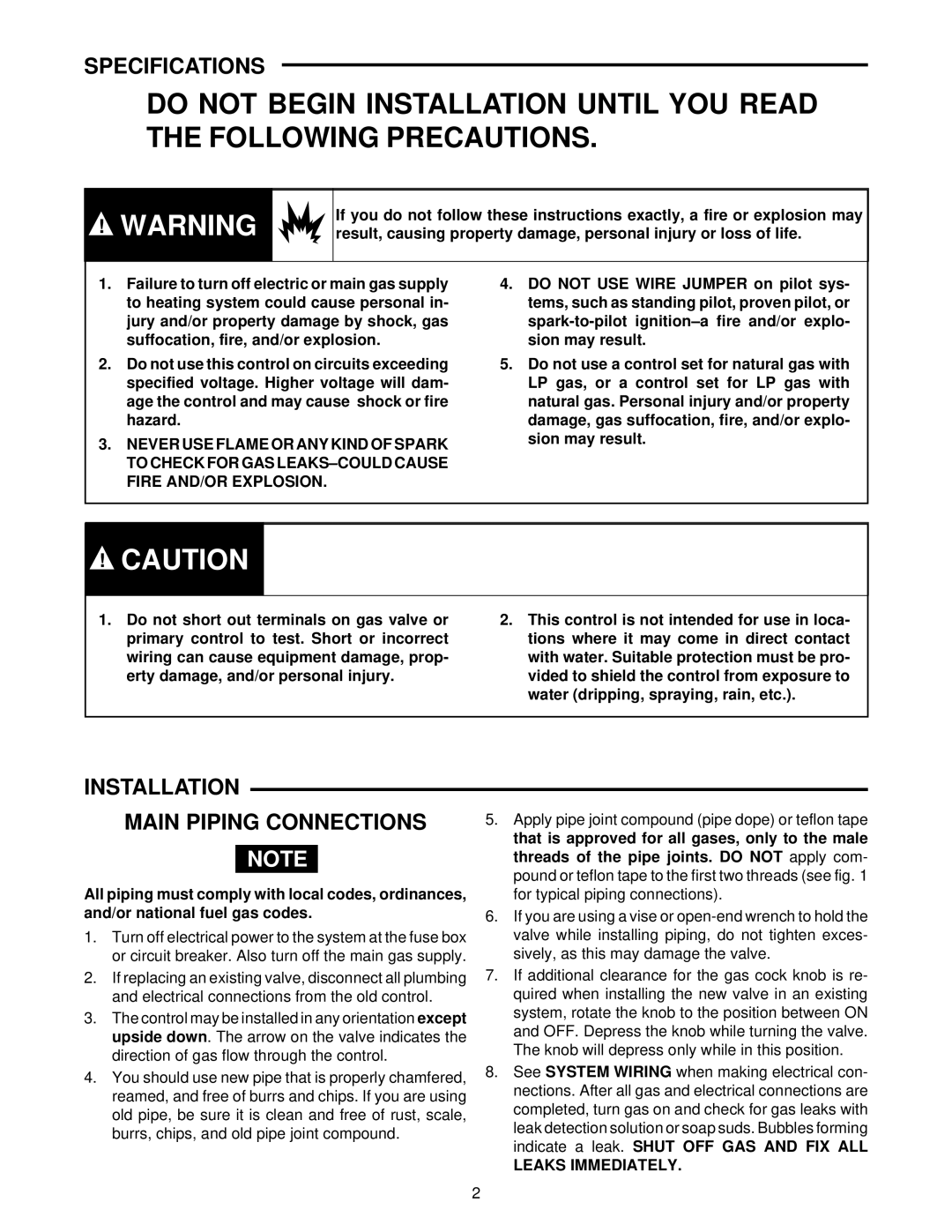 White Rodgers 36C53 installation instructions Installation Main Piping Connections, Leaks Immediately 