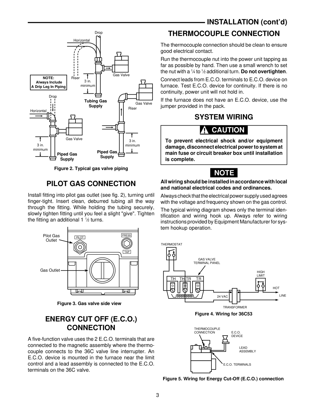 White Rodgers 36C53 Pilot GAS Connection, Energy CUT OFF E.C.O Connection, Thermocouple Connection, System Wiring 