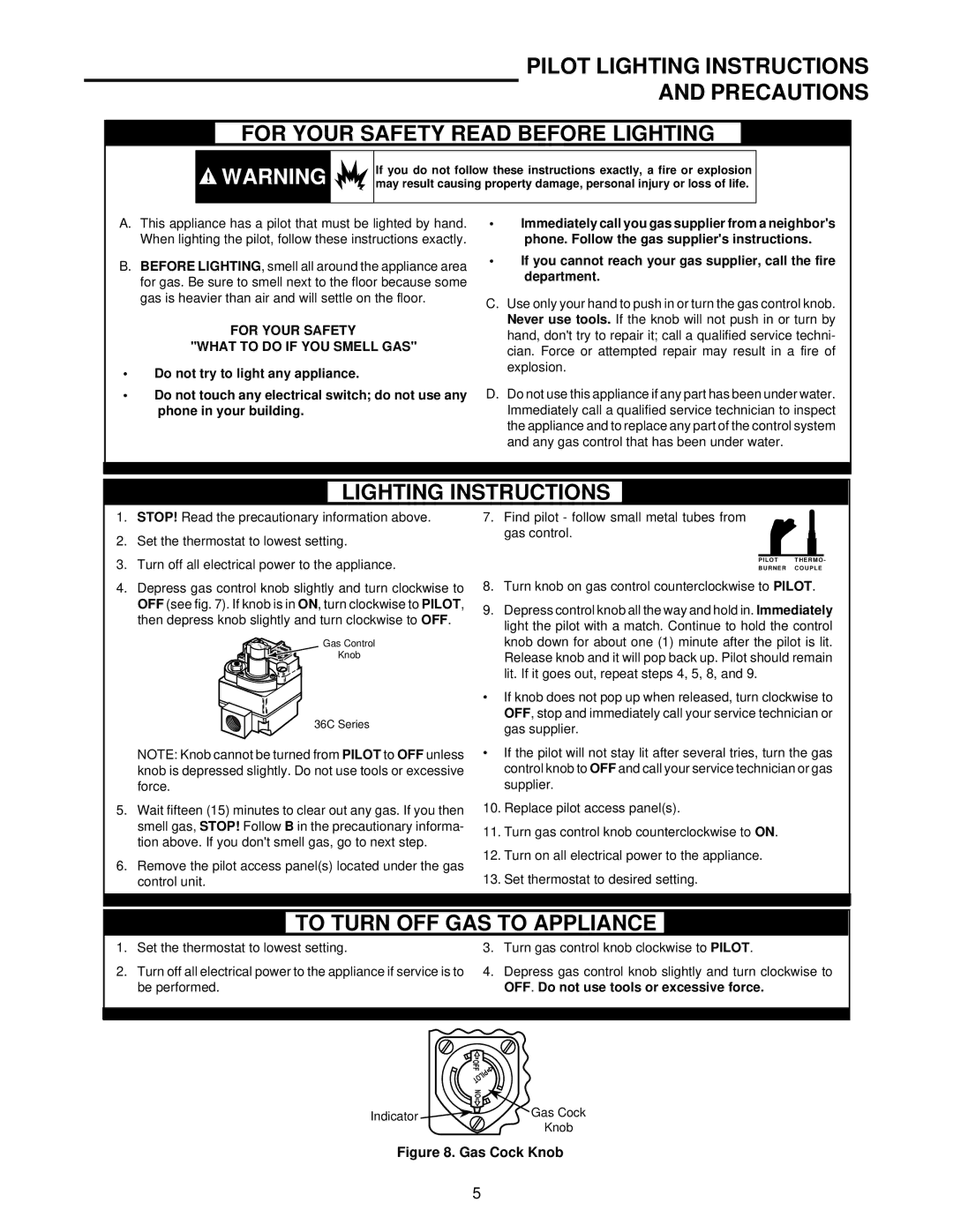 White Rodgers 36C53 installation instructions Pilot Lighting Instructions Precautions, For Your Safety Read Before Lighting 