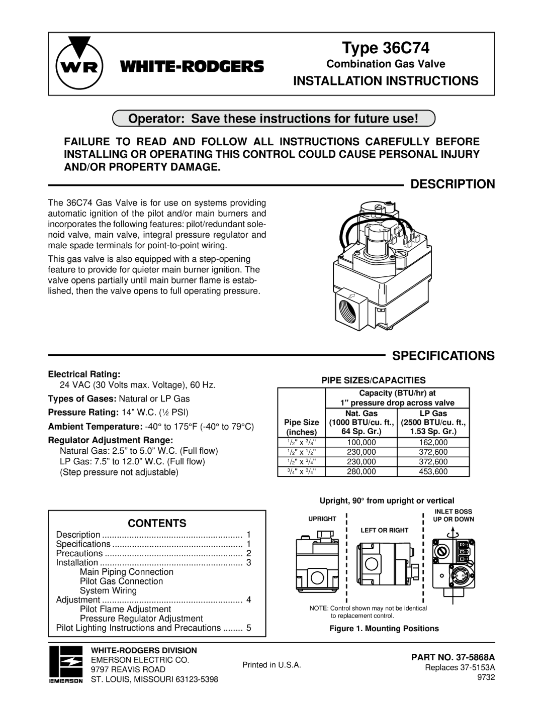 White Rodgers 36C74 installation instructions Description, Specifications 