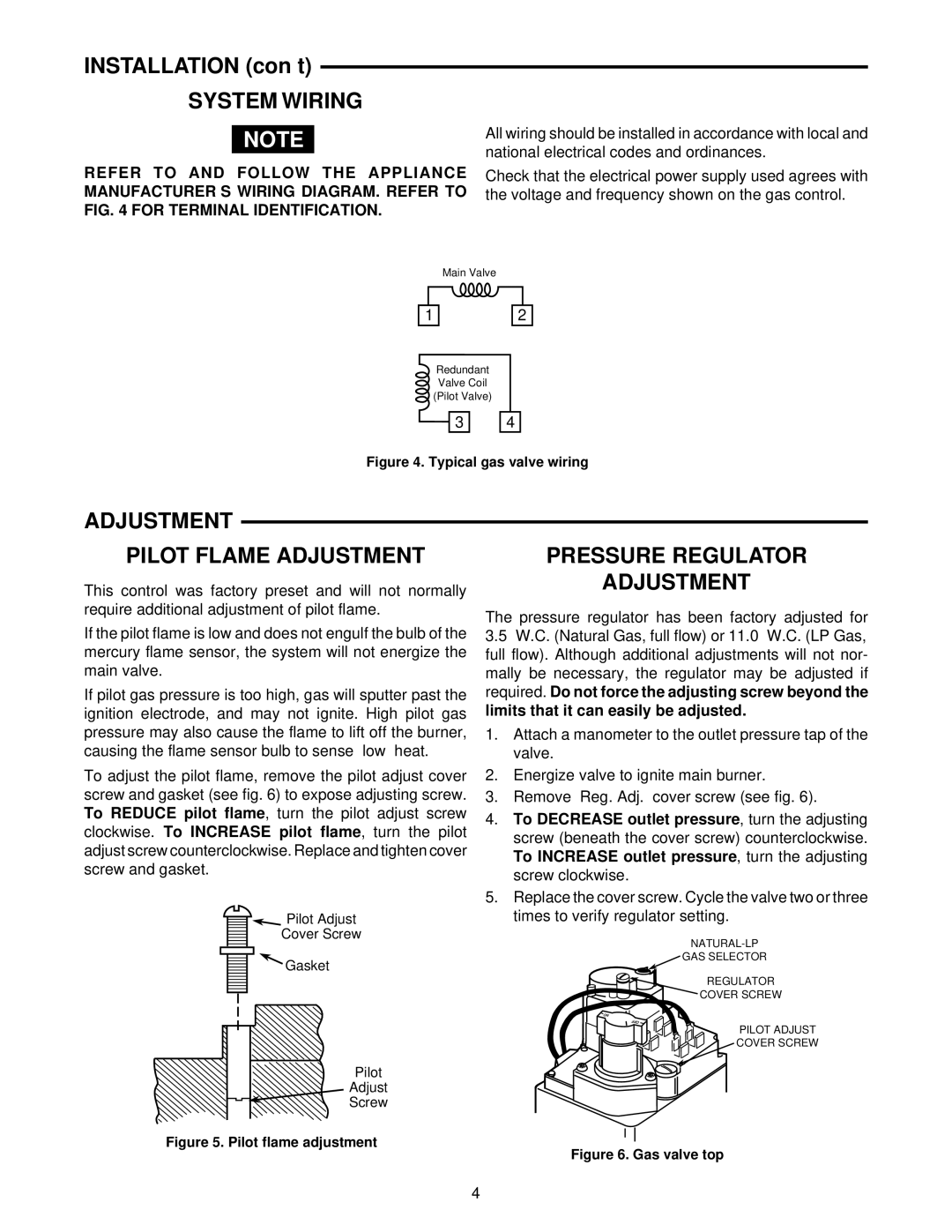 White Rodgers 36C74 System Wiring, Adjustment Pilot Flame Adjustment, Pressure Regulator Adjustment 