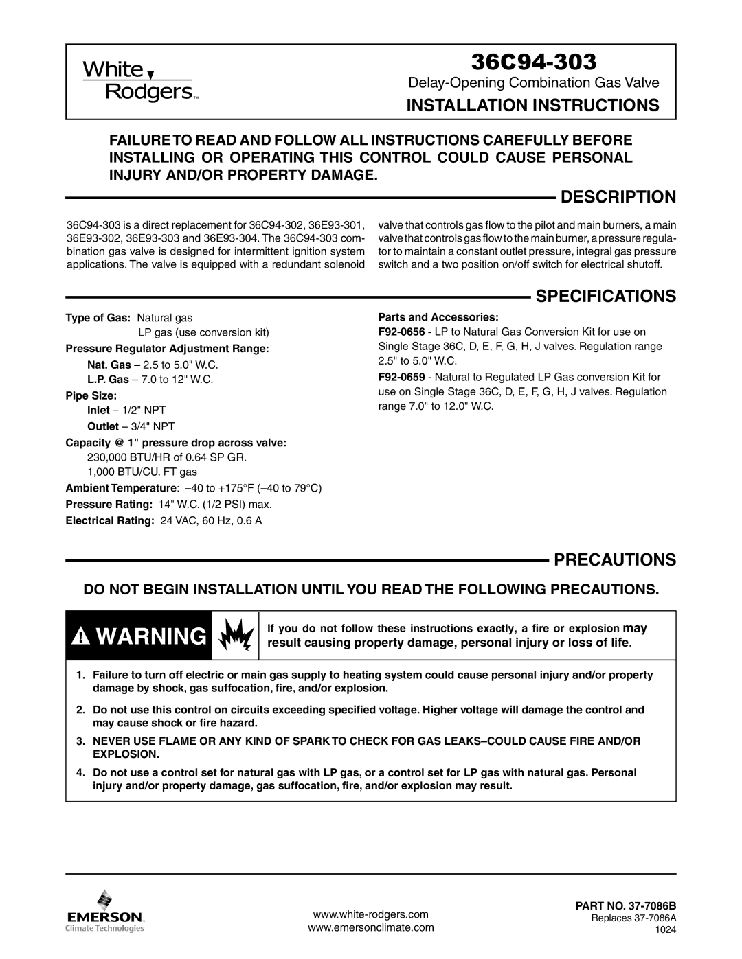 White Rodgers 36C94-303 installation instructions Installation Instructions, Description, Specifications, Precautions 