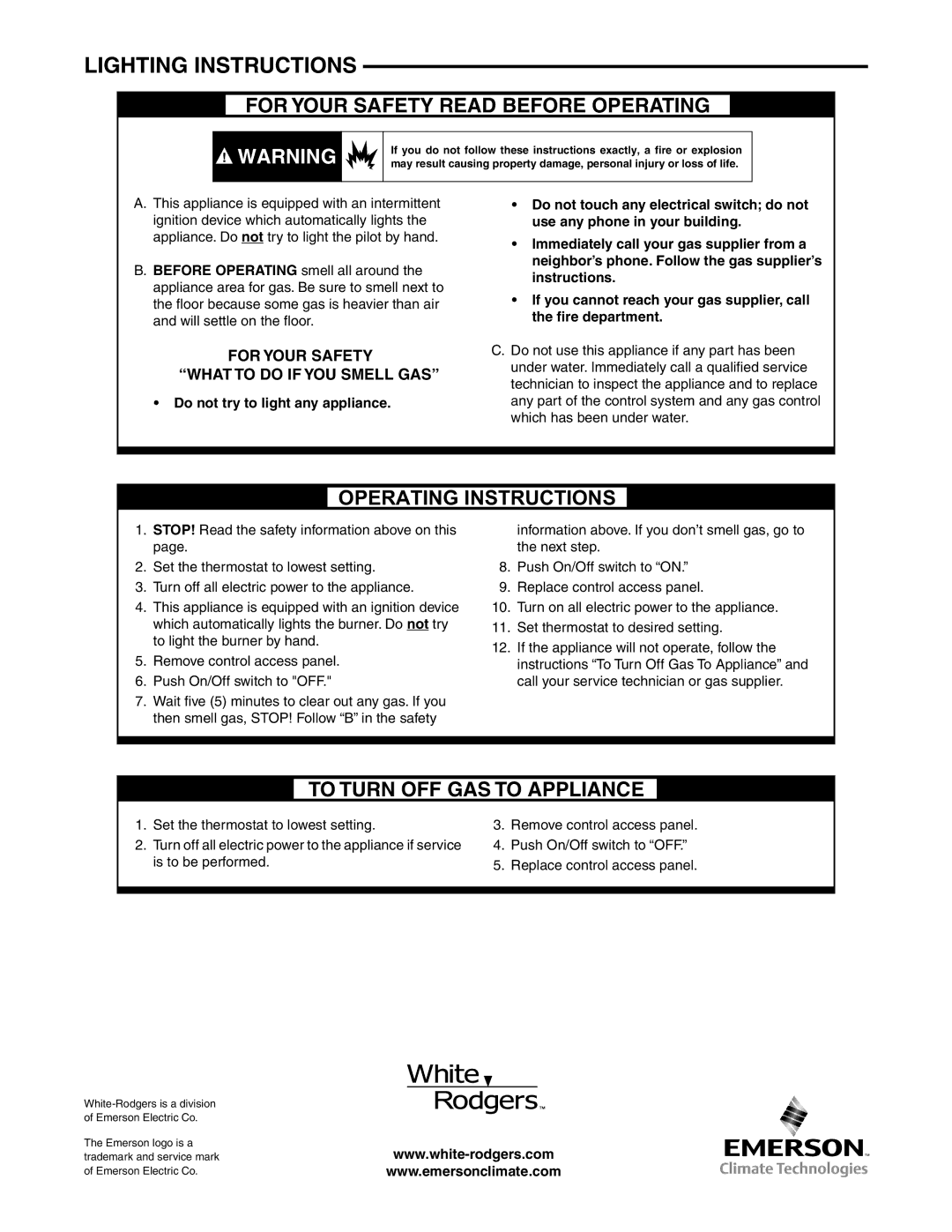 White Rodgers 36C94-303 installation instructions Lighting Instructions, For Your Safety Read Before Operating 