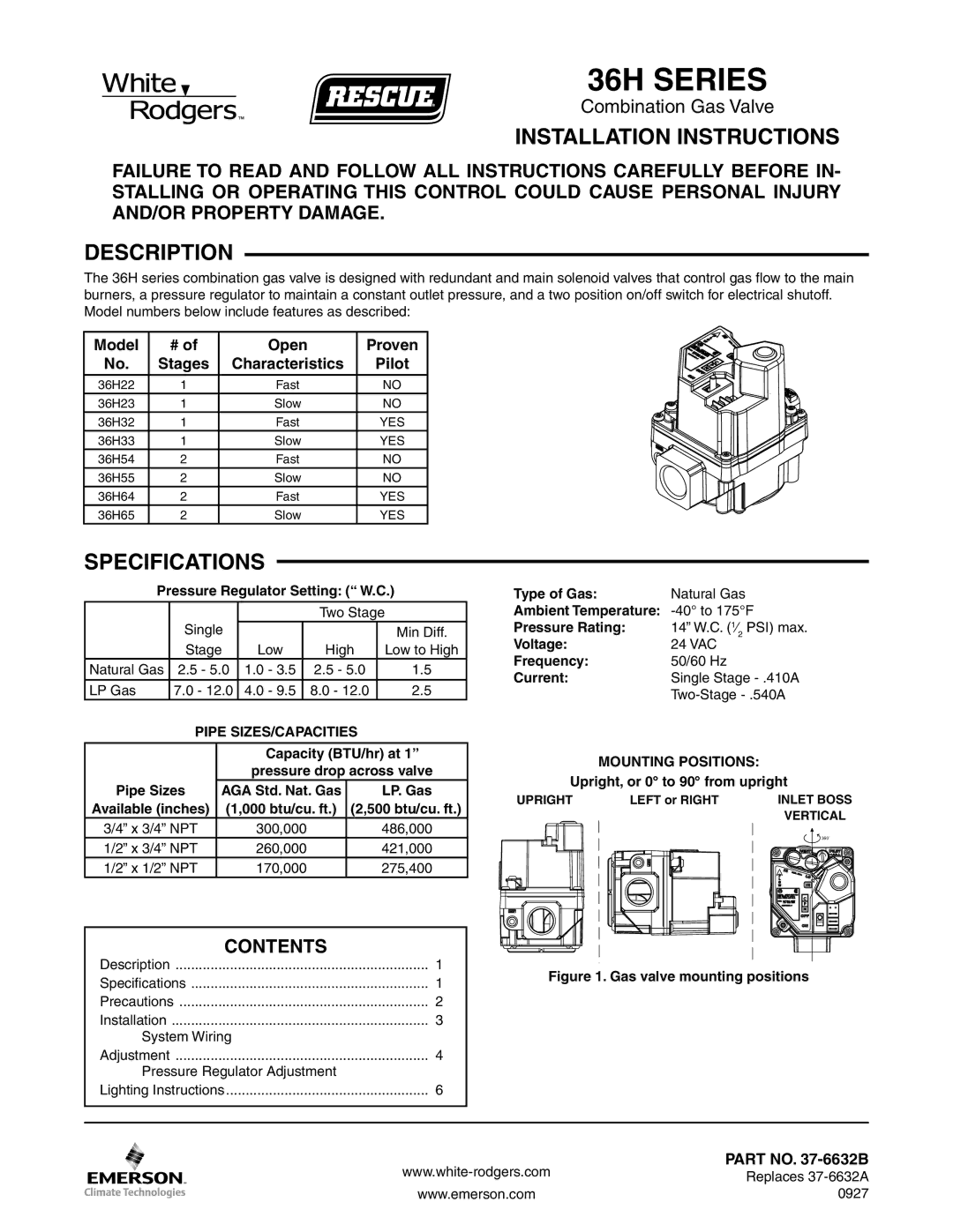 White Rodgers 36H SERIES specifications Installation Instructions, Description, Specifications, Contents 