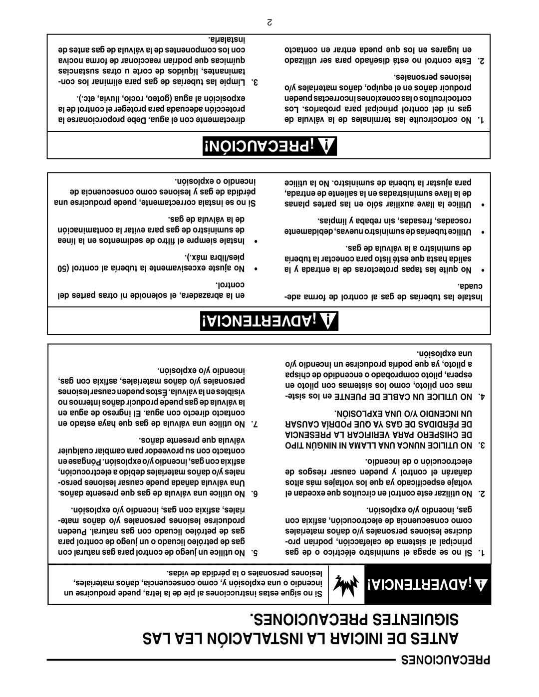 White Rodgers 36H SERIES specifications Precauciones, Máx pies/libra, Control, Explosión UNA Y/O Incendio UN 