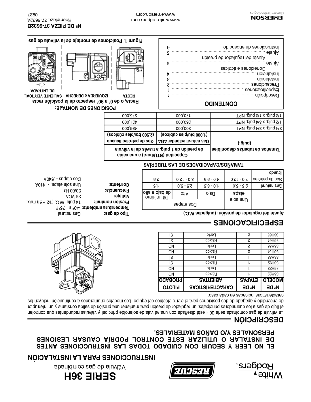 White Rodgers 36H SERIES Descripción, Instalación LA Para Instrucciones, Contenido, Materiales Daños Y/O Personales 