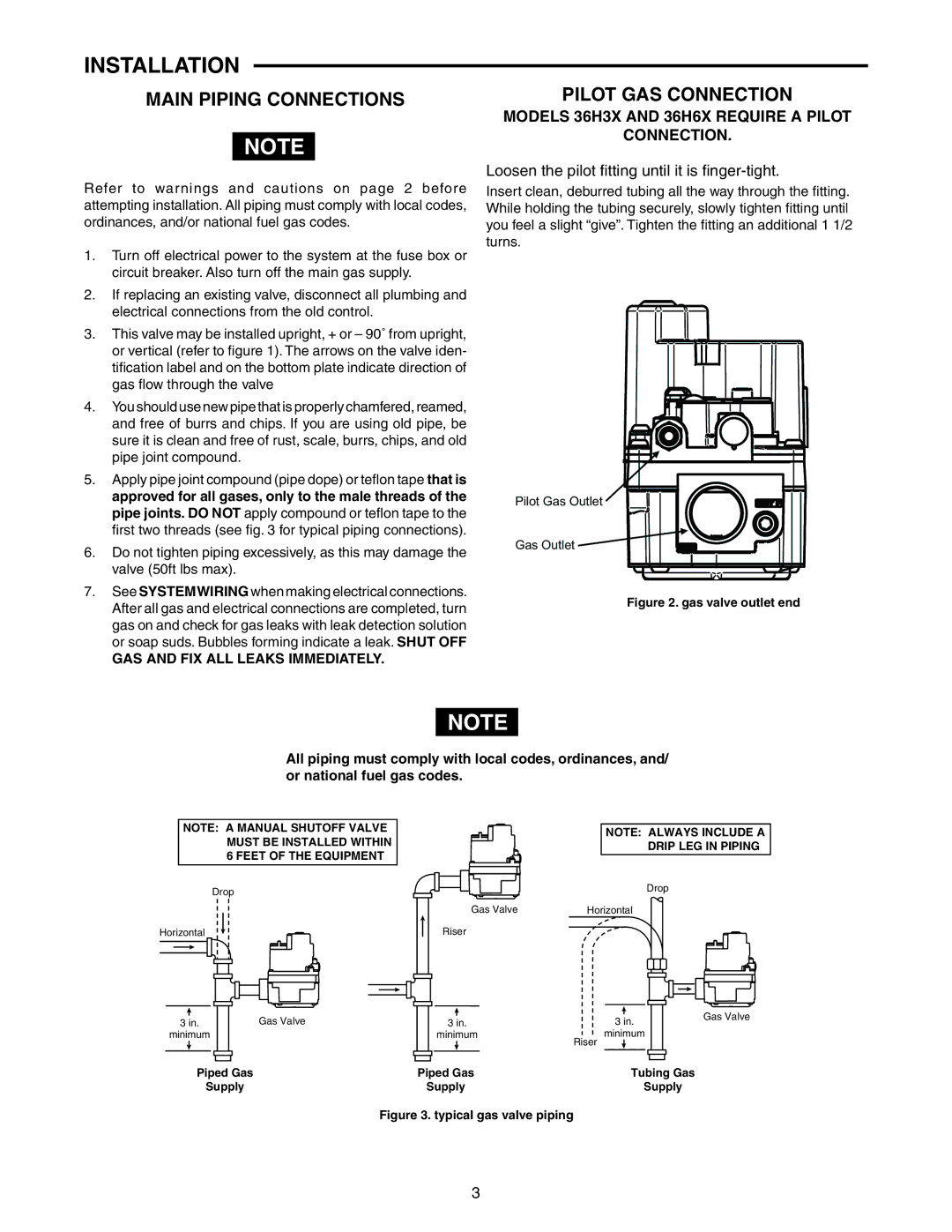 White Rodgers 36H SERIES specifications Installation, Models 36H3X and 36H6X require a pilot Connection 