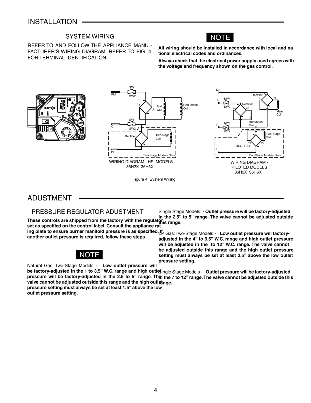 White Rodgers 36H SERIES specifications System Wiring, Pressure Regulator Adjustment 