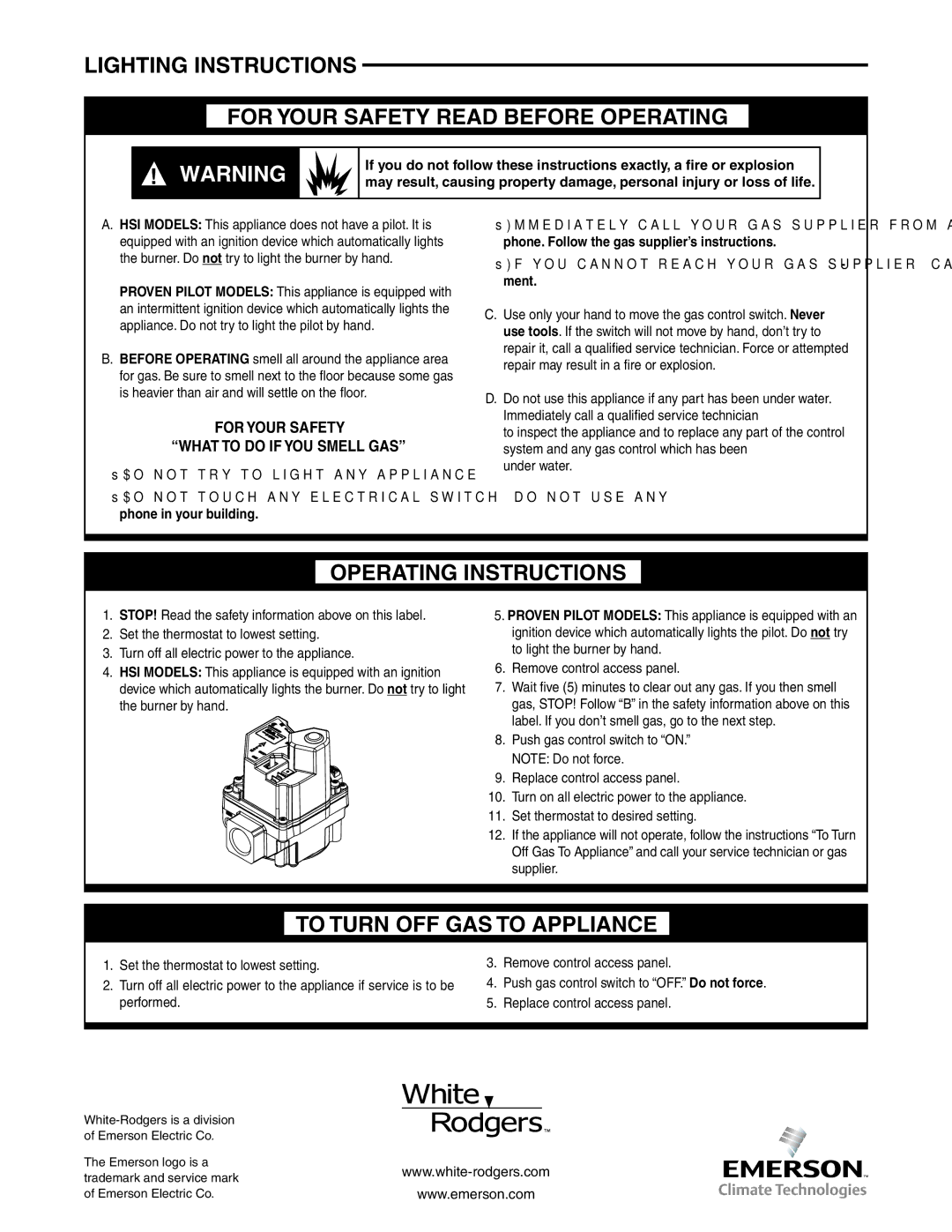 White Rodgers 36H SERIES specifications Lighting Instructions For Your Safety Read Before Operating, Operating Instructions 