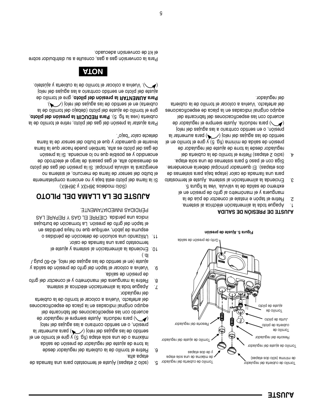 White Rodgers 36H SERIES specifications Piloto DEL Llama LA DE Ajuste, Piloto del presión la Reducir Para 