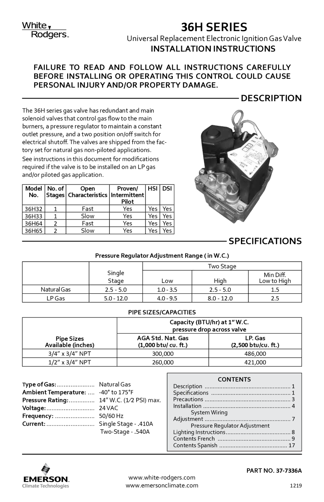 White Rodgers 36h installation instructions Description, Specifications, Installation Instructions, Hsi, Contents 