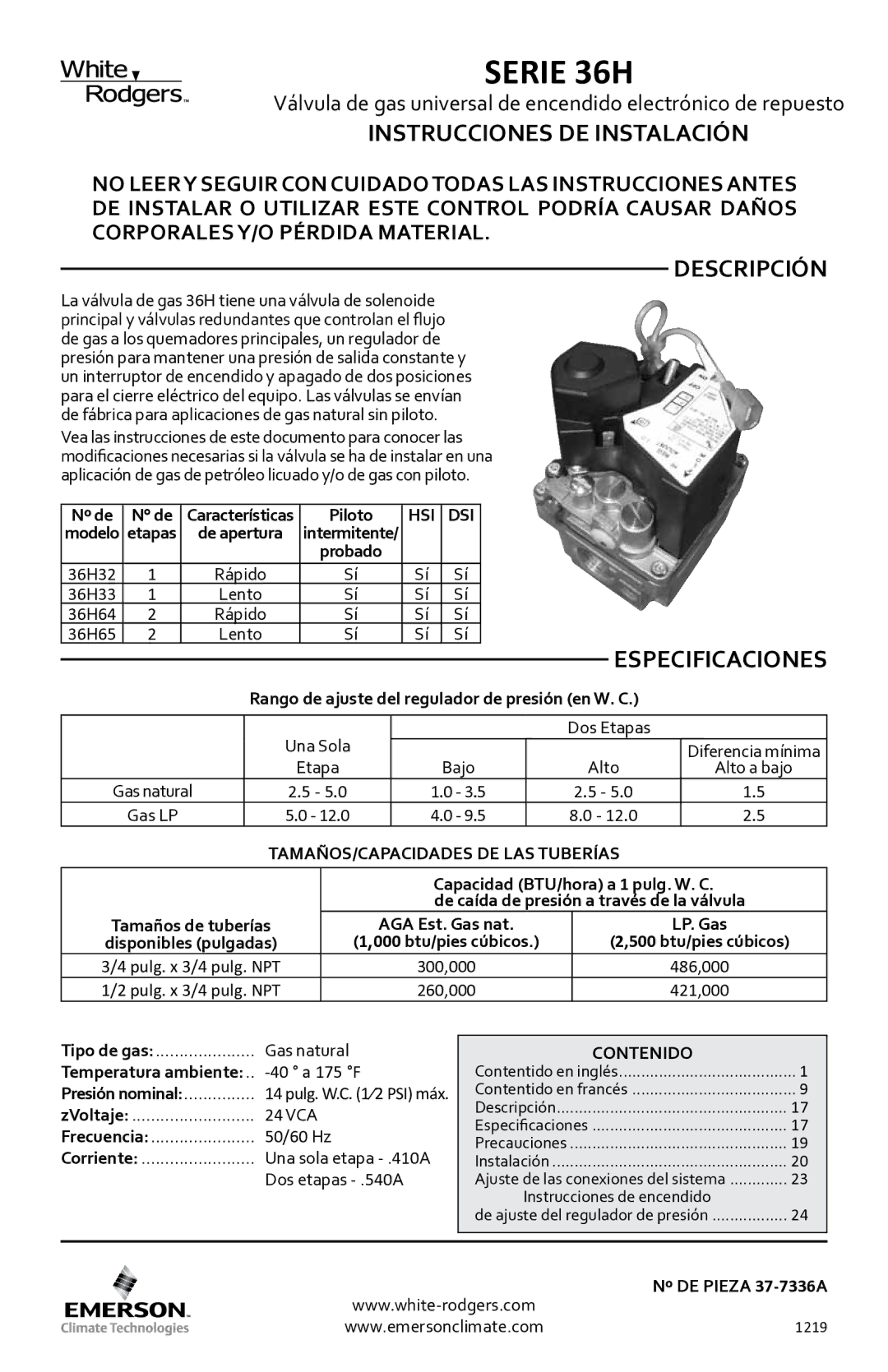 White Rodgers 36h installation instructions Instrucciones DE Instalación, Descripción, Especificaciones, Contenido 