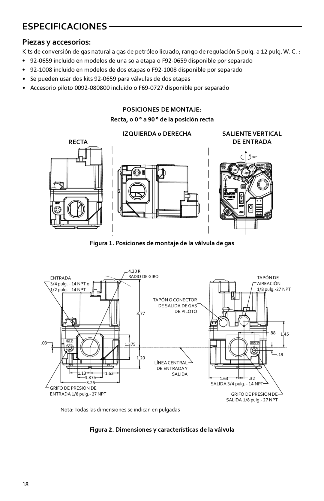 White Rodgers 36h installation instructions Especificaciones, Piezas y accesorios, Posiciones DE Montaje, Recta 