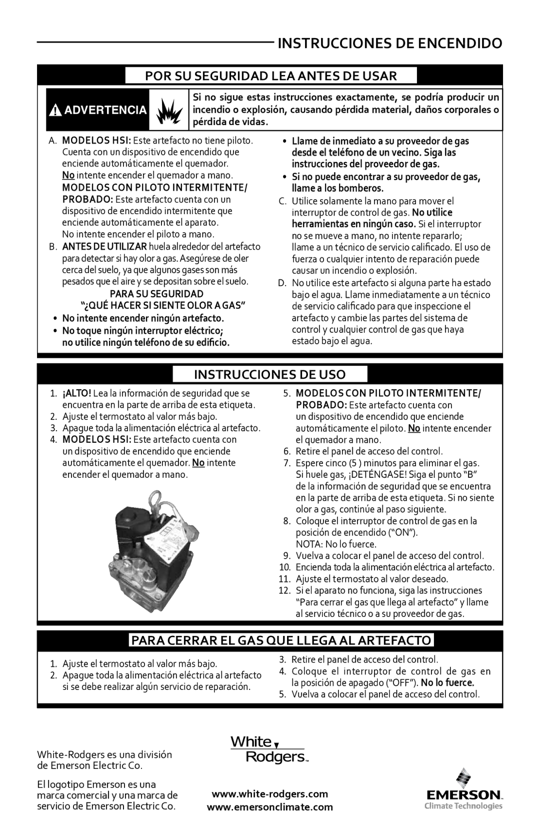 White Rodgers 36h Instrucciones DE Encendido, POR SU Seguridad LEA Antes DE Usar, Instrucciones DE USO 