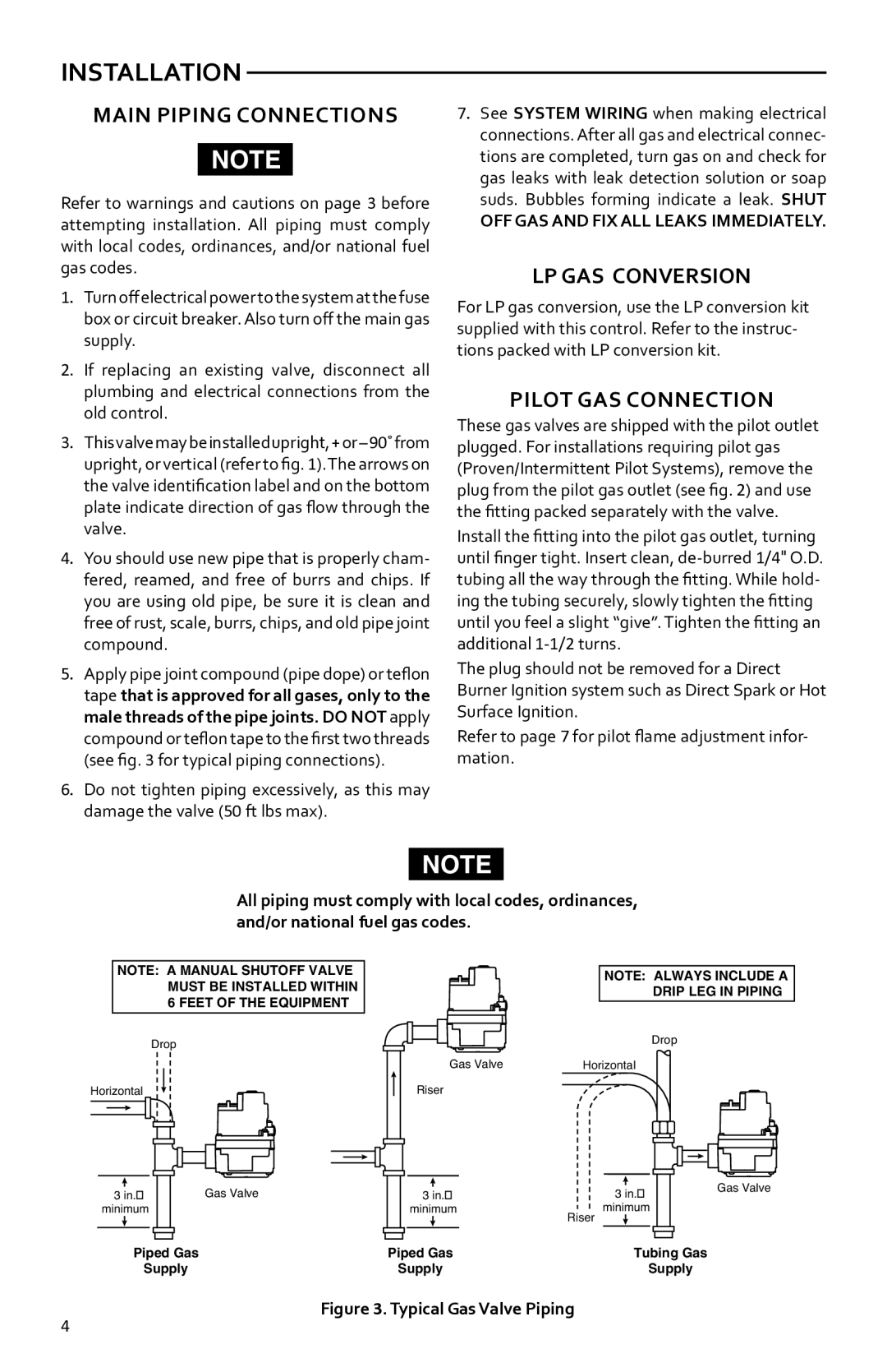 White Rodgers 36h installation instructions Installation, Main Piping connections, LP GAS Conversion, Pilot Gas Connection 