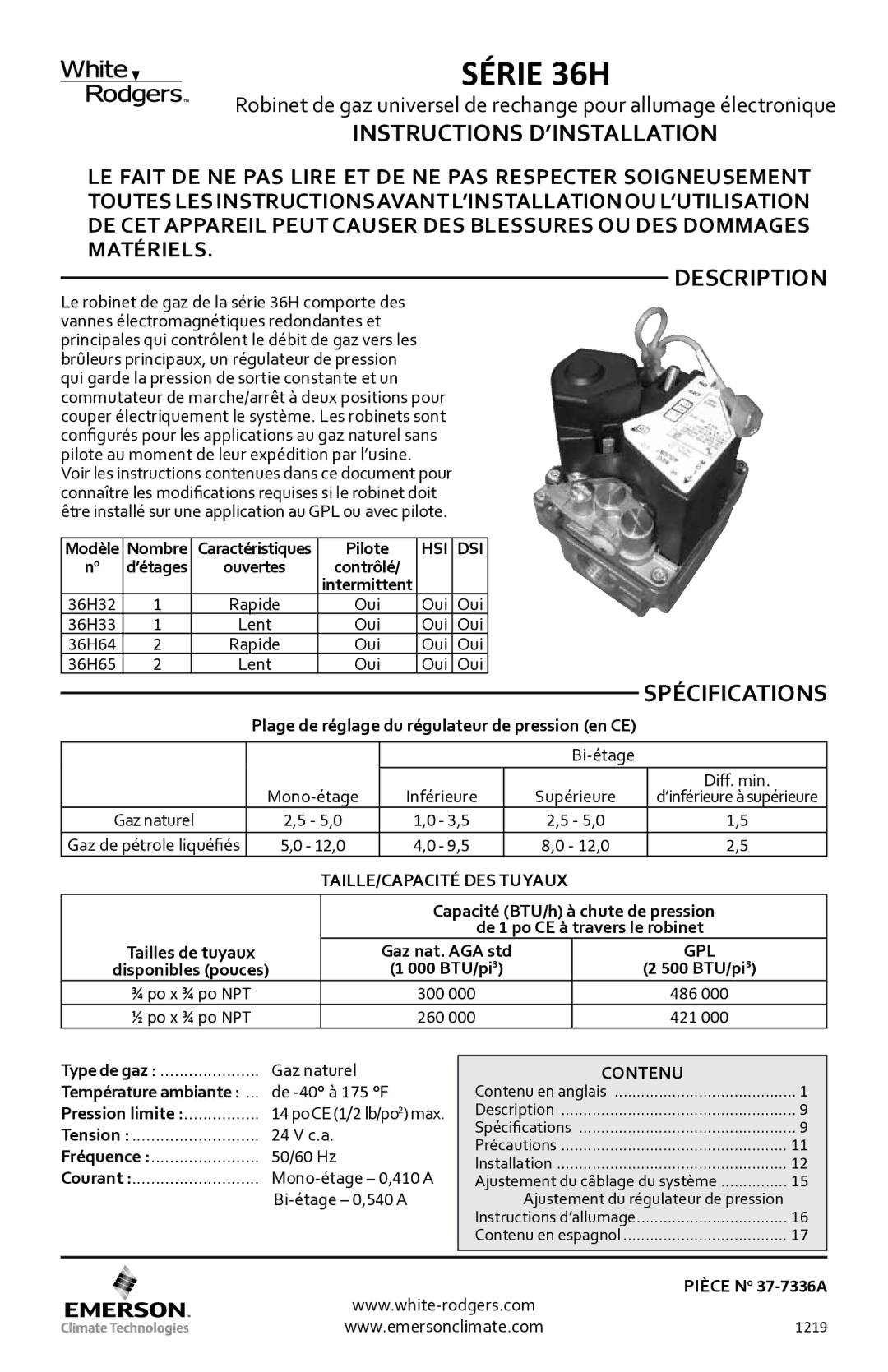 White Rodgers 36h installation instructions Instructions D’INSTALLATION, Description, Spécifications 