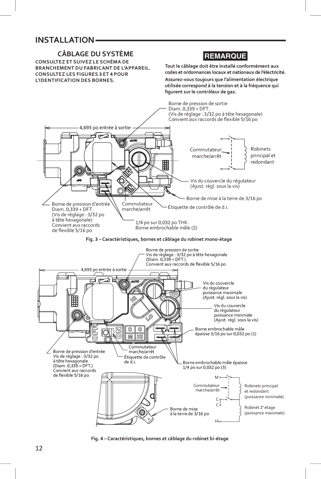 White Rodgers 36J22, 36J54, 36J24, 36J55 Câblage DU Système, Caractéristiques, bornes et câblage du robinet mono-étage 