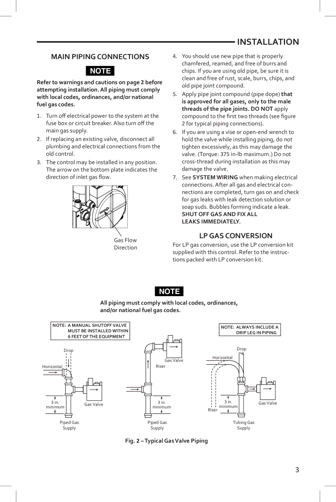 White Rodgers 36J24, 36J22, 36J54, 36J55 installation instructions Installation, Main Piping Connections, LP GAS Conversion 