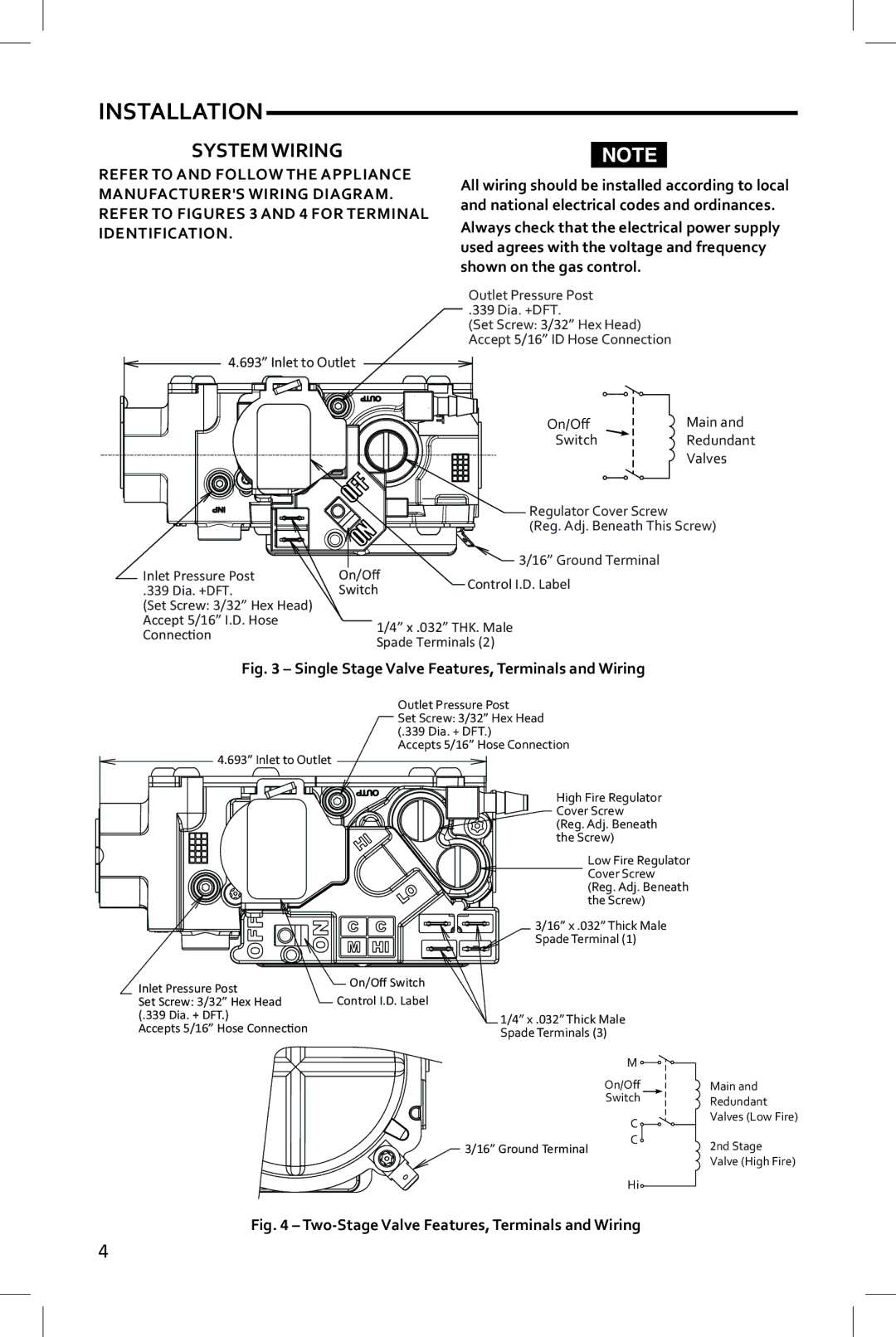 White Rodgers 36J55, 36J22, 36J54, 36J24 System Wiring, Single Stage Valve Features, Terminals and Wiring 