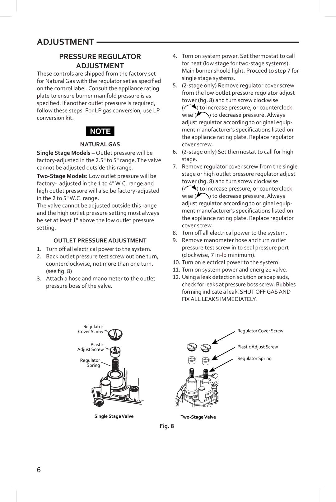 White Rodgers 36J54, 36J22, 36J24, 36J55 installation instructions Pressure Regulator Adjustment, Single Stage Valve 