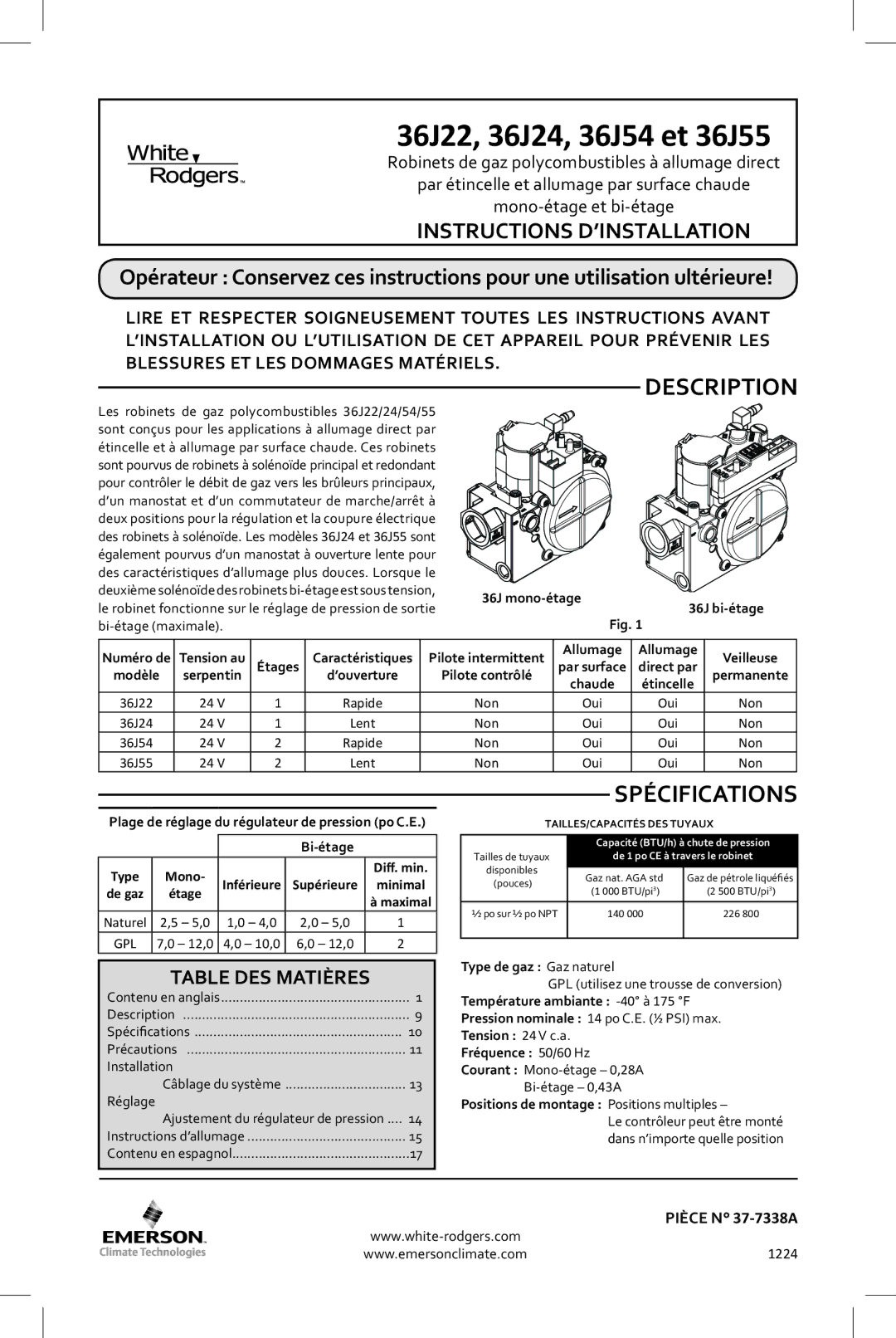 White Rodgers 36J55, 36J22, 36J54, 36J24 Spécifications, Instructions D’INSTALLATION, Table DES Matières, Pièce N 37-7338A 