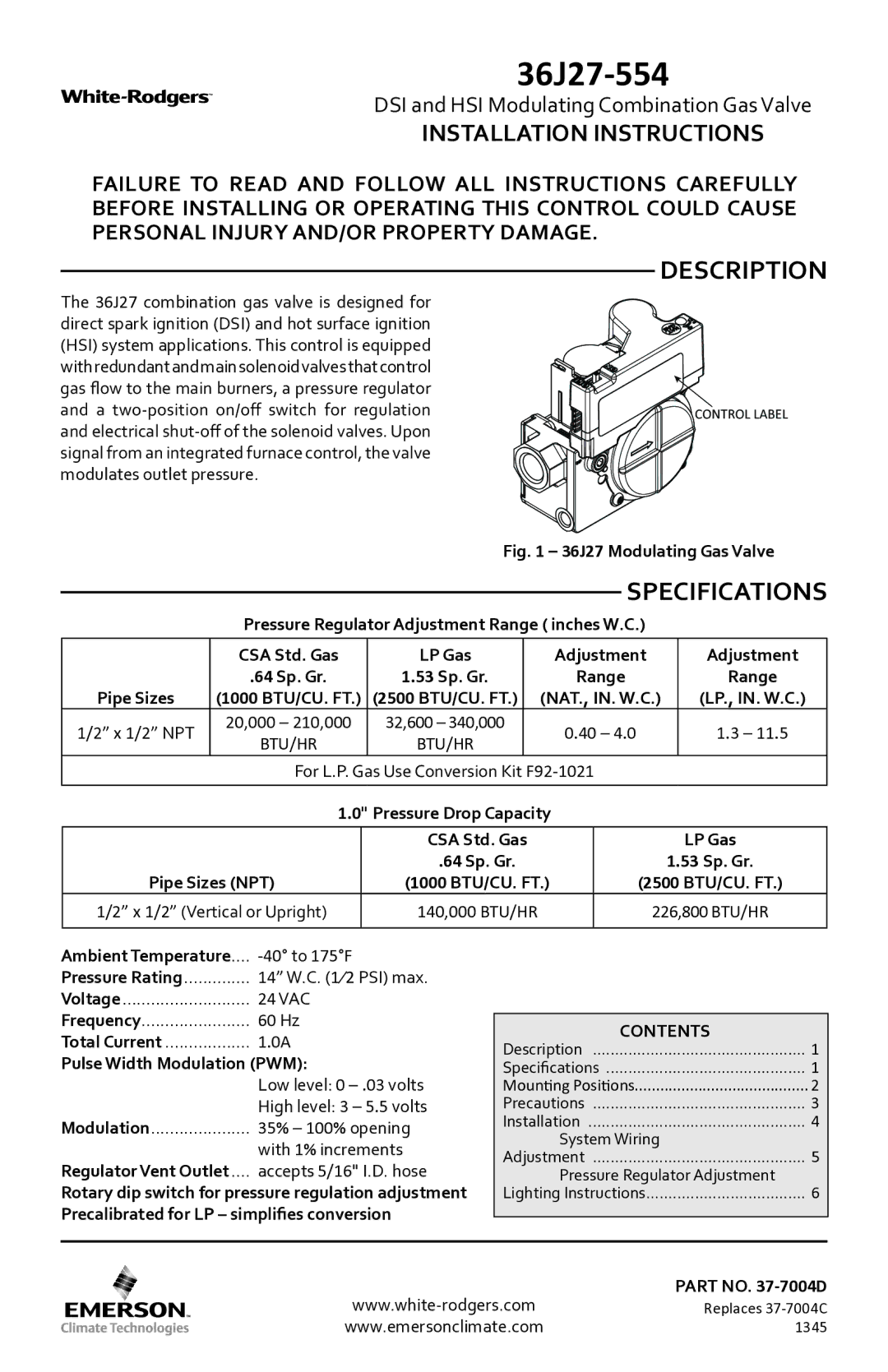 White Rodgers 36J27-554 installation instructions Description, Specifications, Contents 