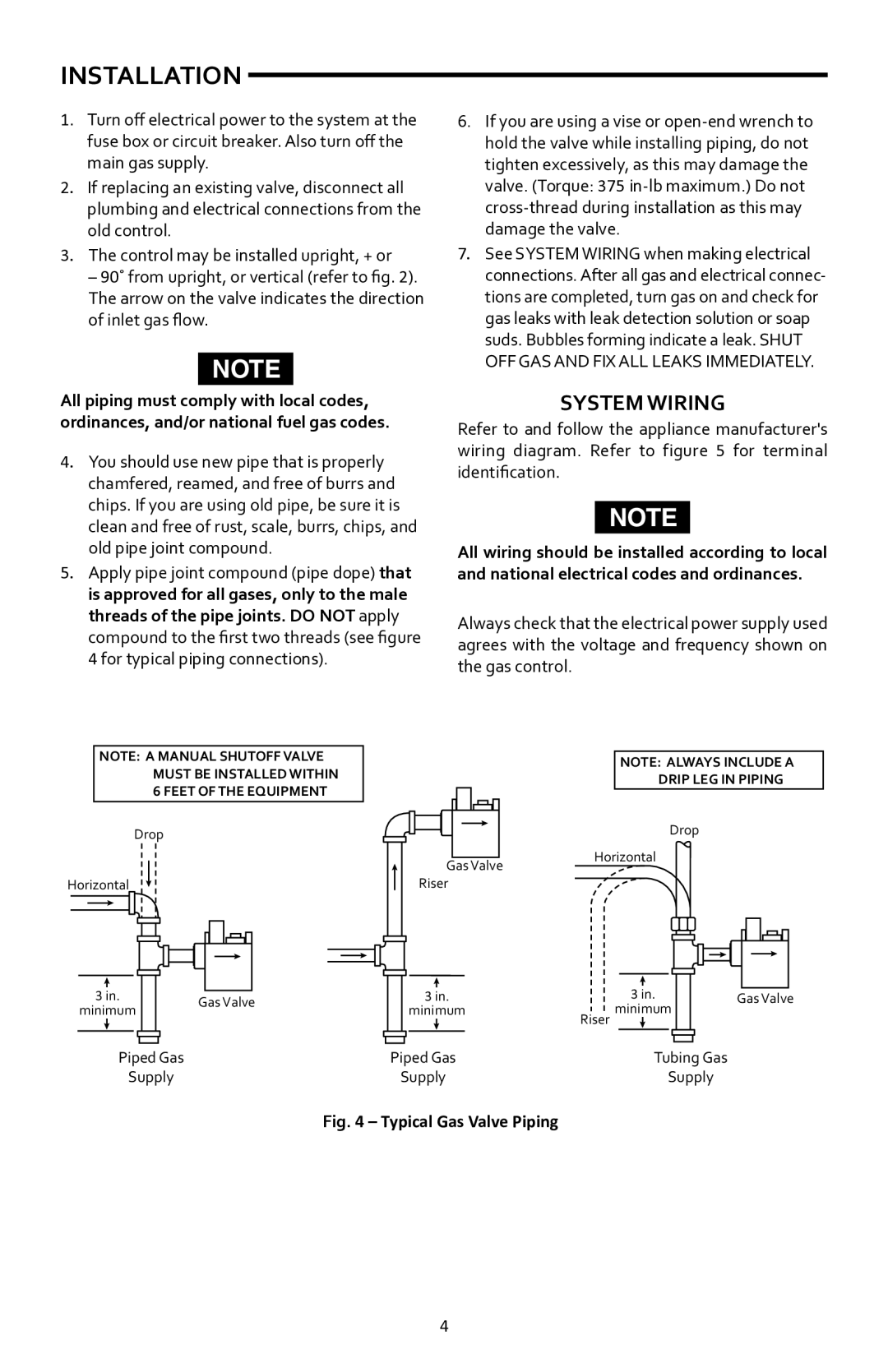 White Rodgers 36J27-554 installation instructions Installation, Typical Gas Valve Piping 