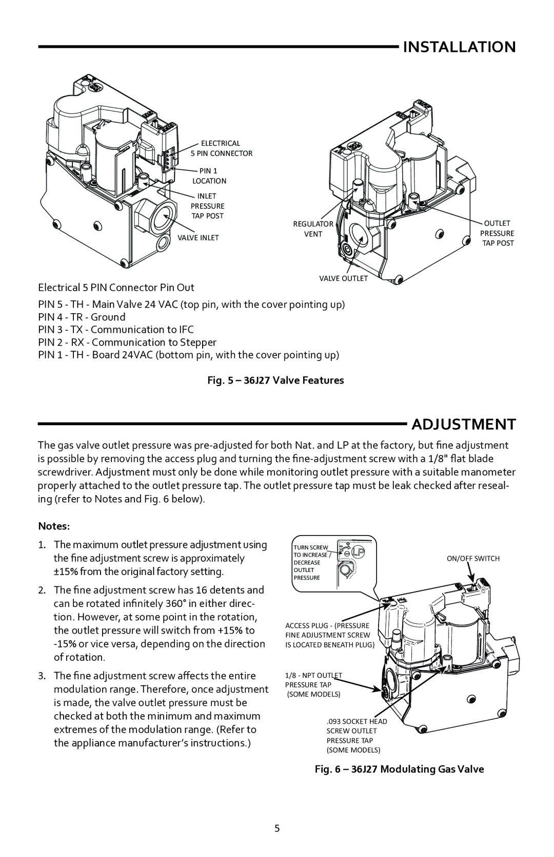 White Rodgers 36J27-554 installation instructions Adjustment, 36J27 Valve Features 