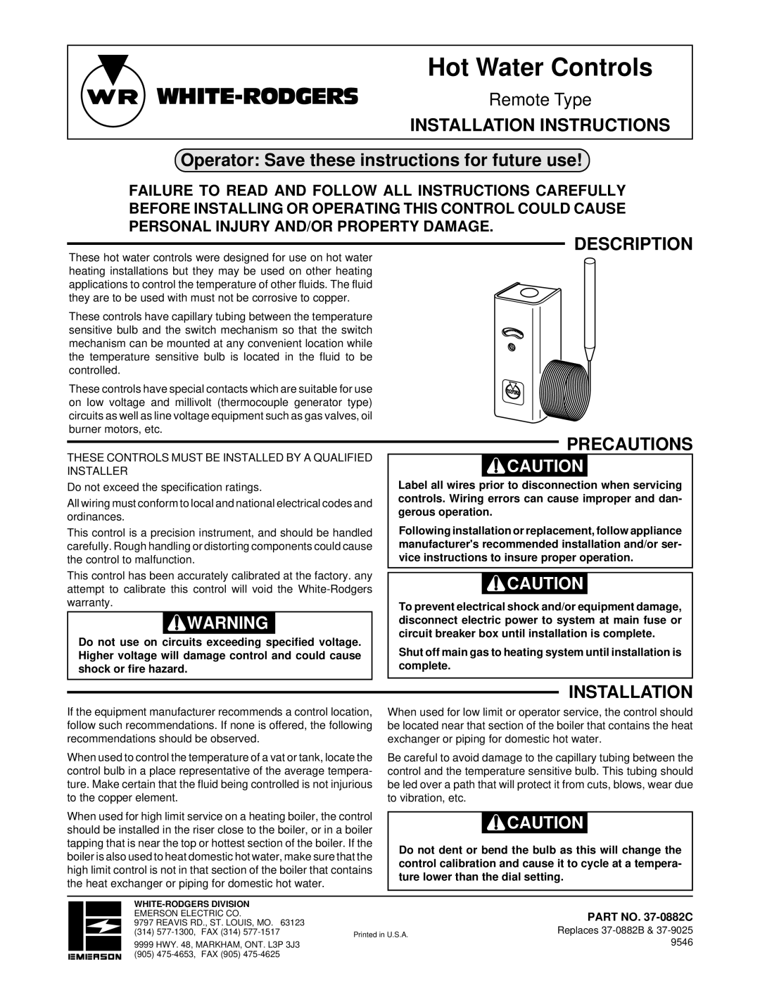 White Rodgers 37-0882C installation instructions Installation Instructions, Description, Precautions, Part no -0882C 