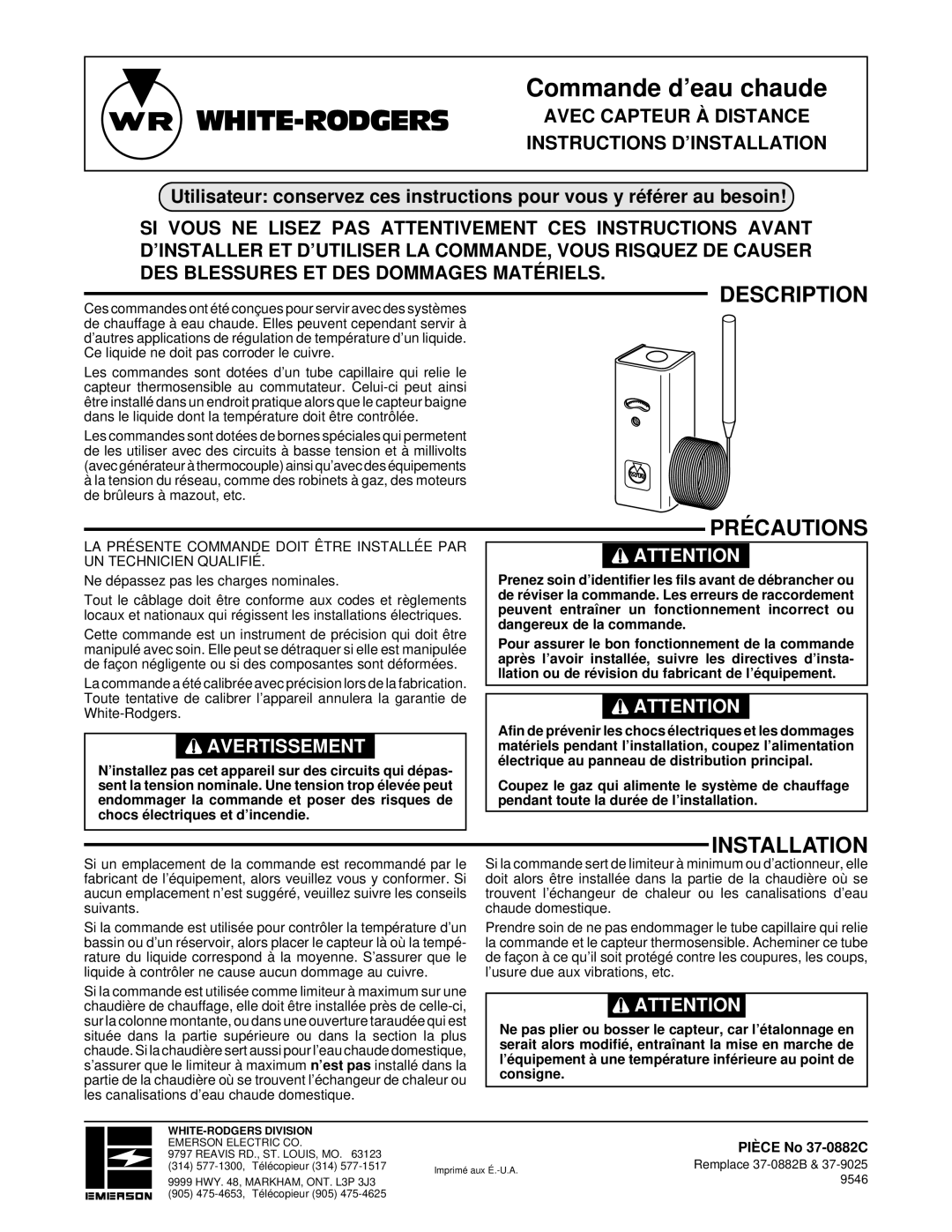 White Rodgers installation instructions Précautions, Pièce No 37-0882C 