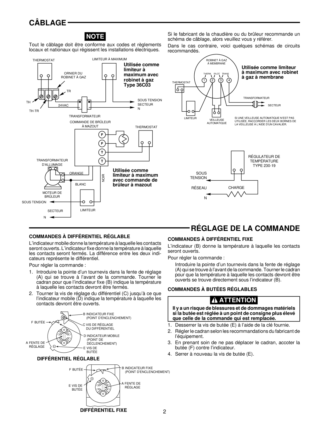 White Rodgers 37-0882C installation instructions Câblage, Réglage DE LA Commande 