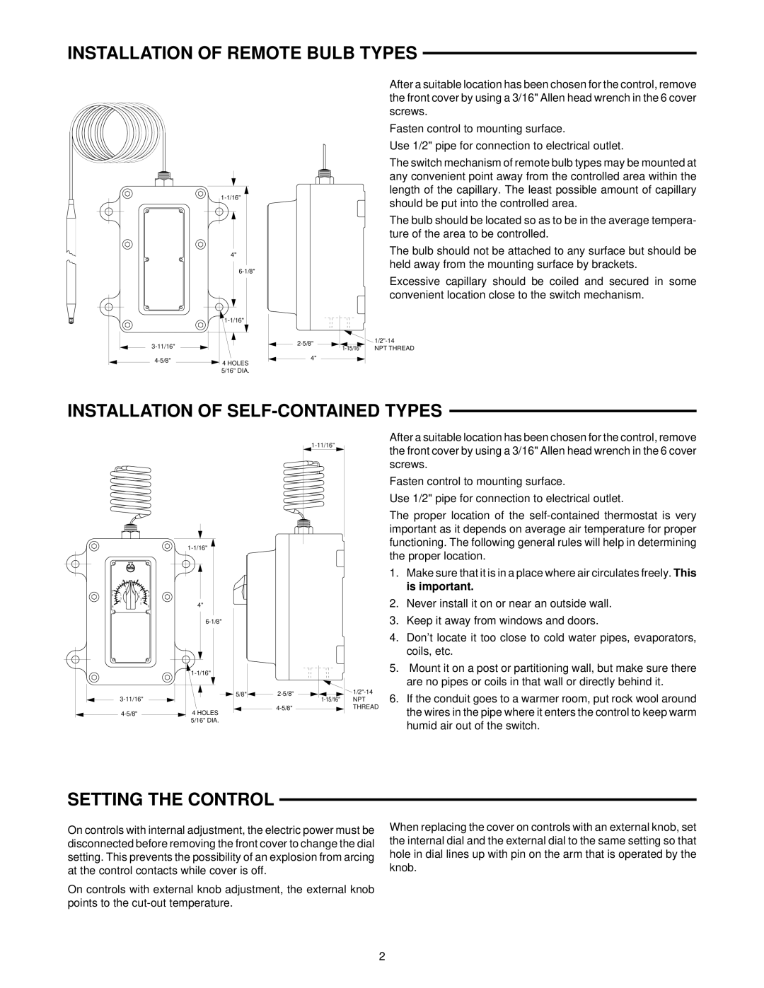 White Rodgers 37-1119B Installation of Remote Bulb Types, Installation of SELF-CONTAINED Types, Setting the Control 