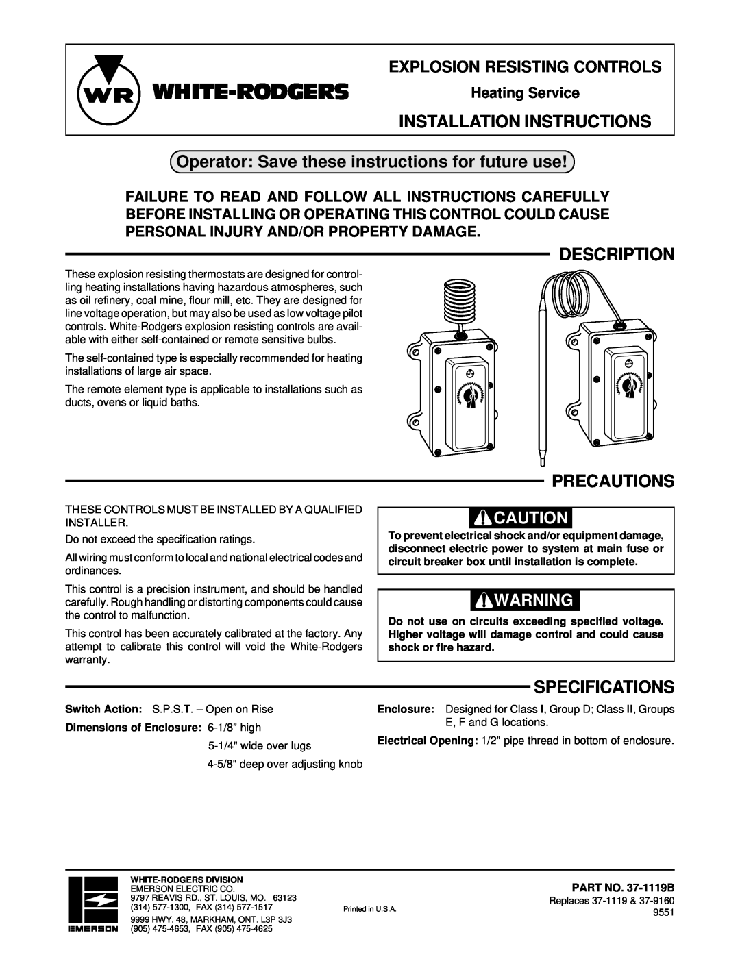 White Rodgers 37-1119B installation instructions White-Rodgers, Operator Save these instructions for future use 