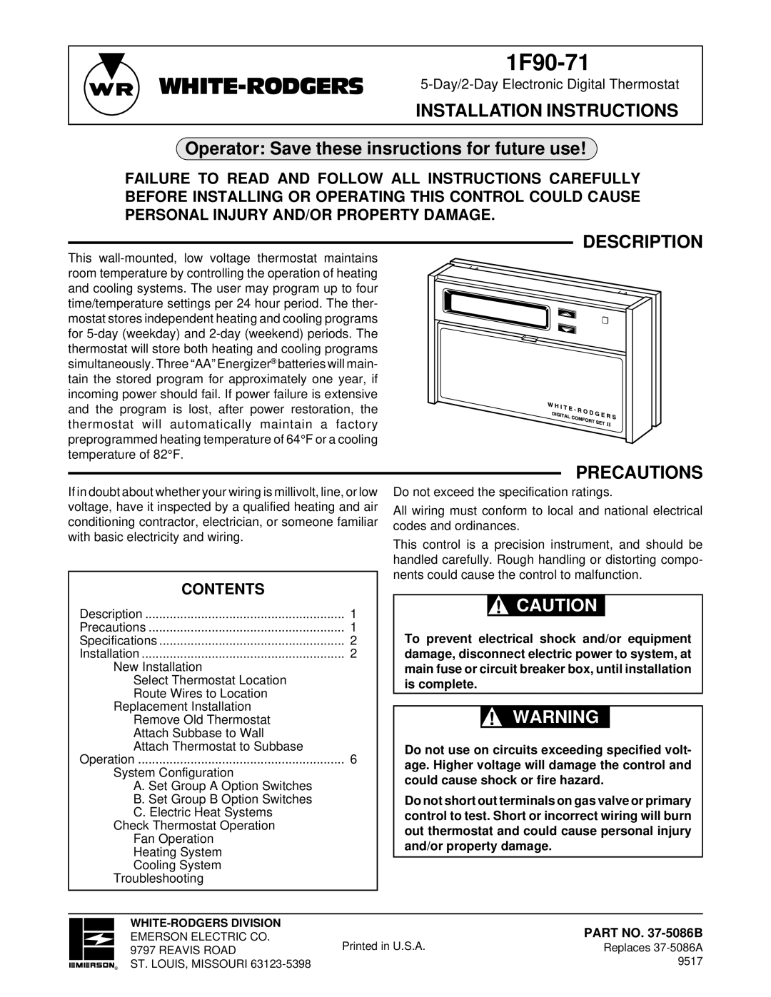 White Rodgers 37-5086A, 37-5086B installation instructions Description, Precautions, Contents 