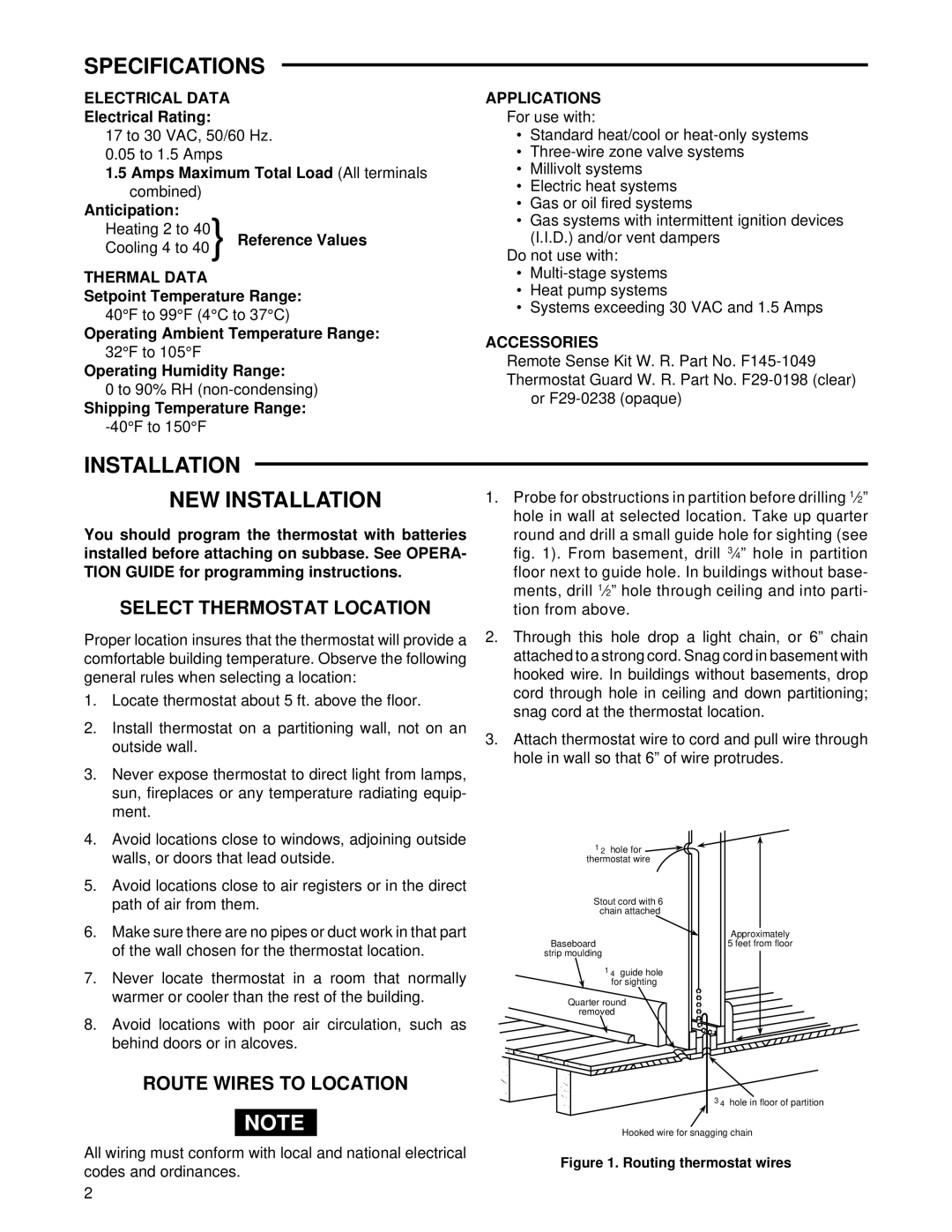 White Rodgers 37-5086B Specifications, Installation NEW Installation, Select Thermostat Location, Route Wires to Location 