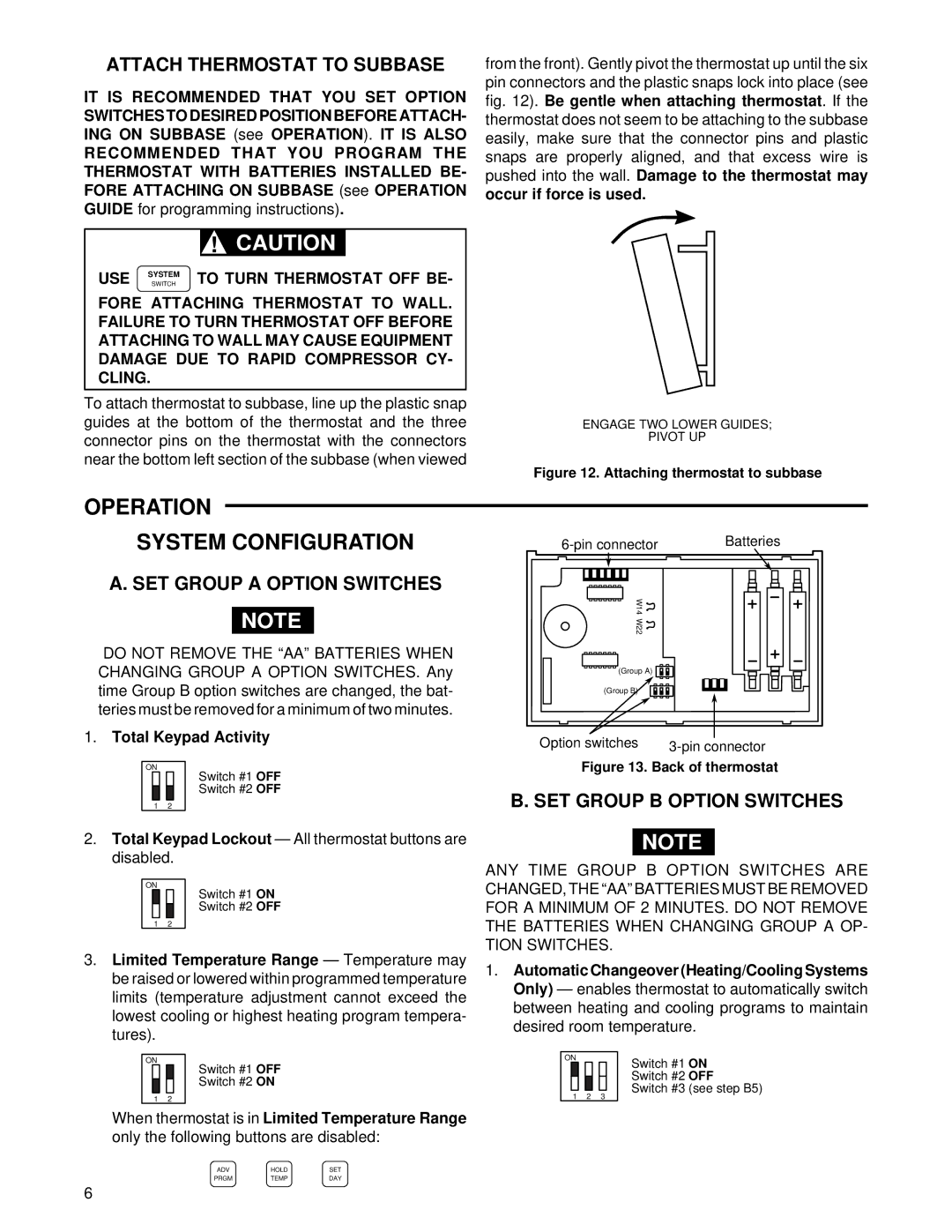 White Rodgers 37-5086B, 37-5086A Operation System Configuration, Attach Thermostat to Subbase, SET Group a Option Switches 