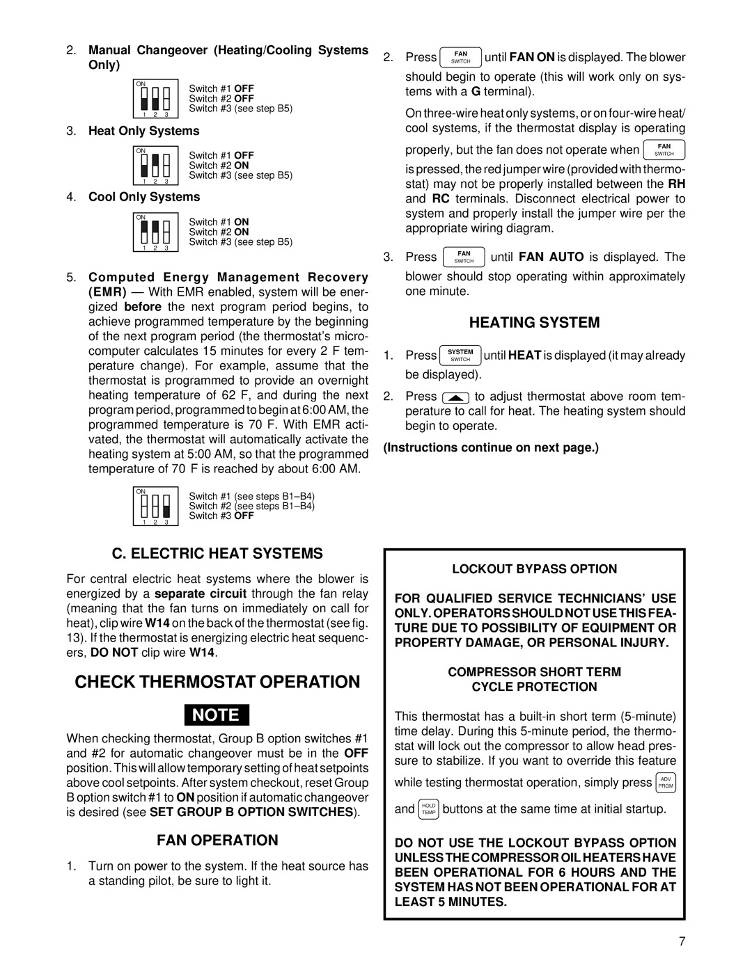 White Rodgers 37-5086A, 37-5086B Check Thermostat Operation, Heating System, Electric Heat Systems, FAN Operation 