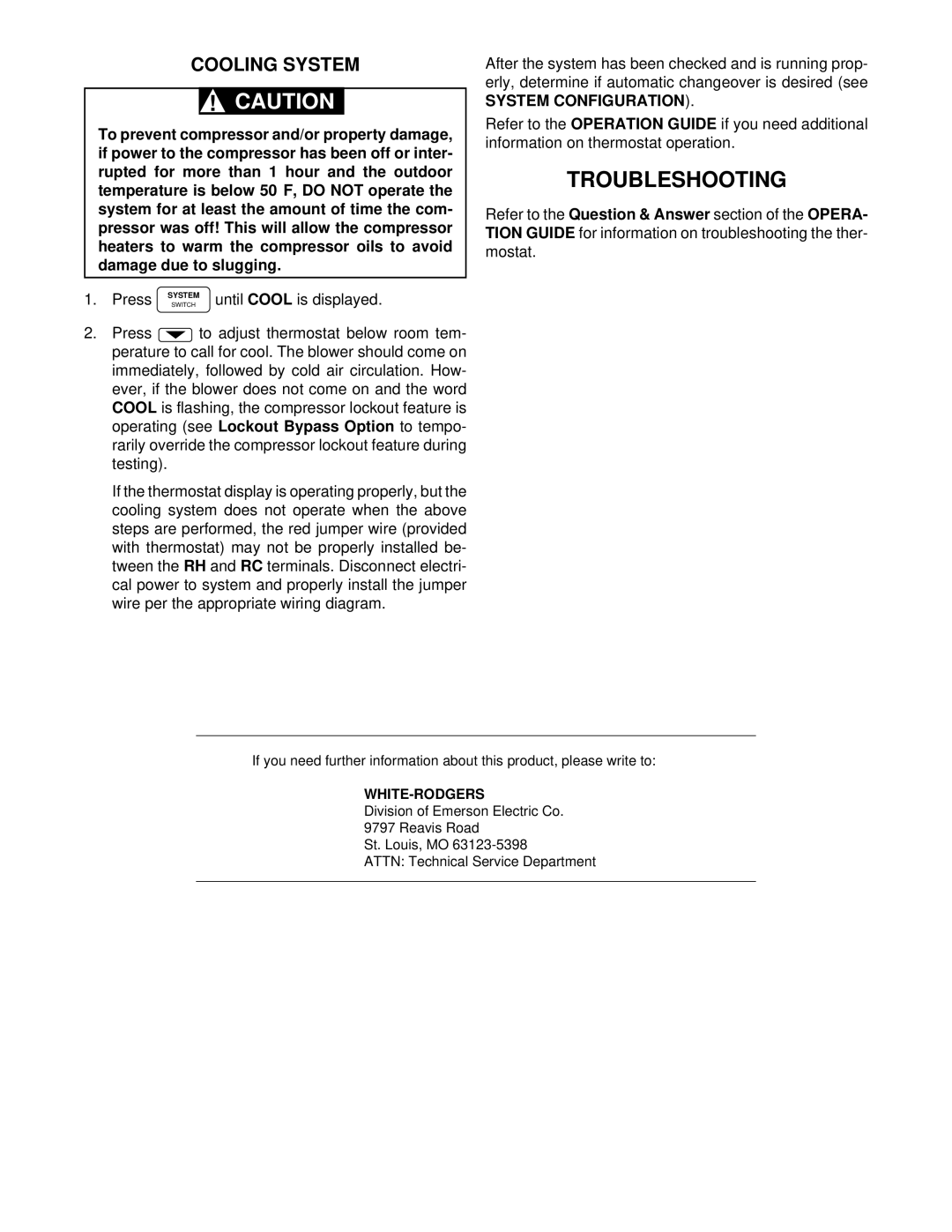 White Rodgers 37-5086B, 37-5086A installation instructions Troubleshooting, Cooling System, System Configuration 